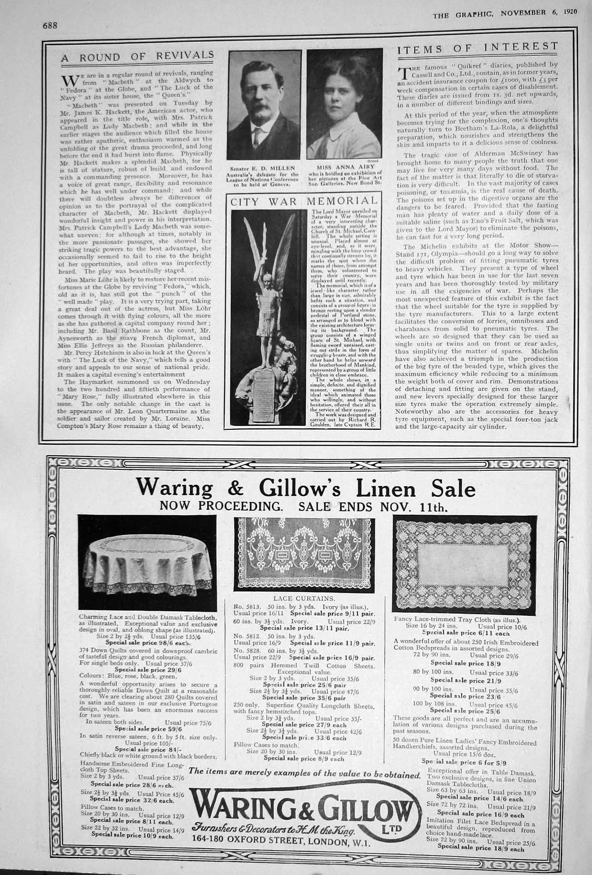 Old 1920 Millen Airy London War Memorial Waring Gillows Grossmith One 20th