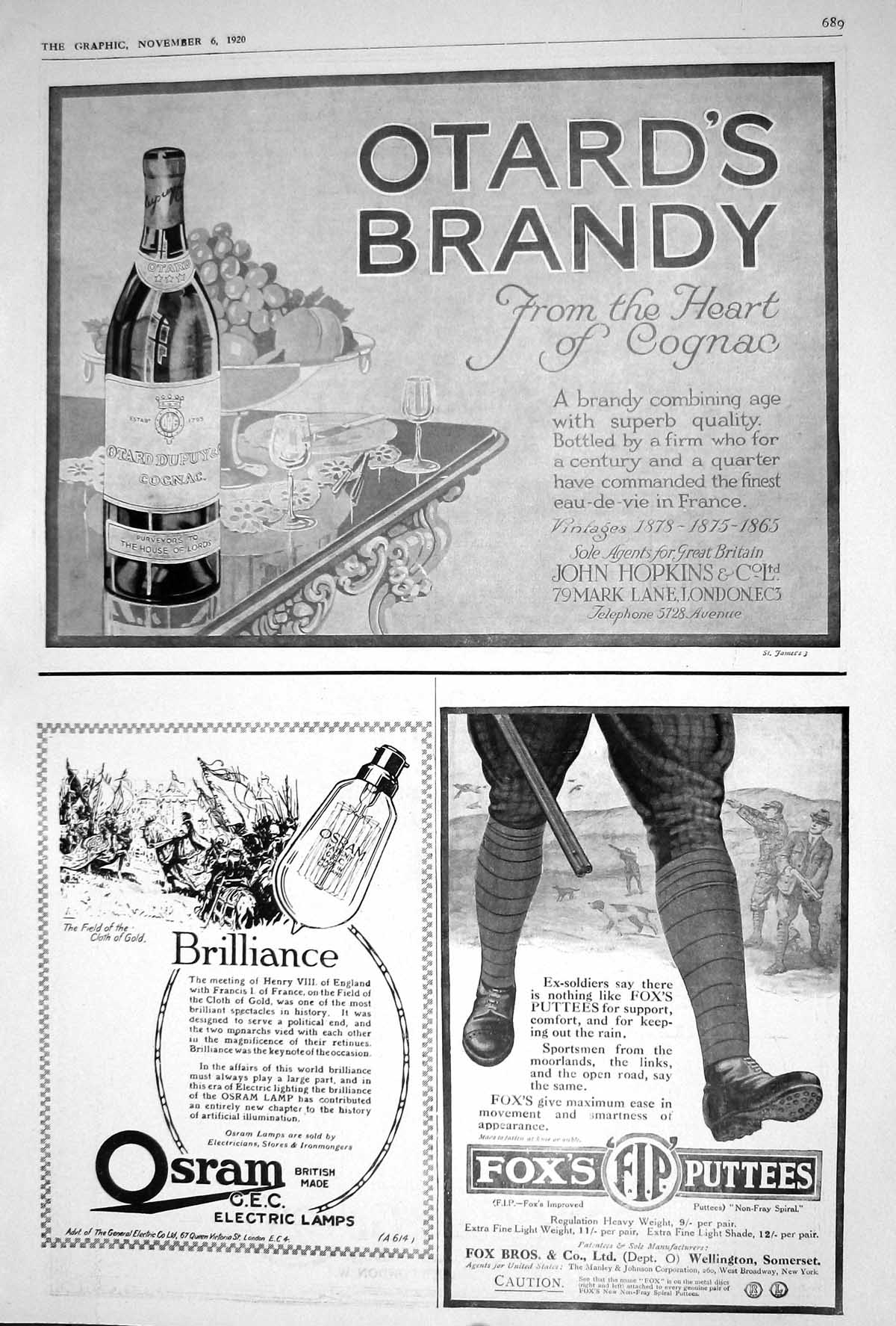 Old 1920 Advertisement Otard'S Brandy Osram Electric Lamps Foxs Putte 20th