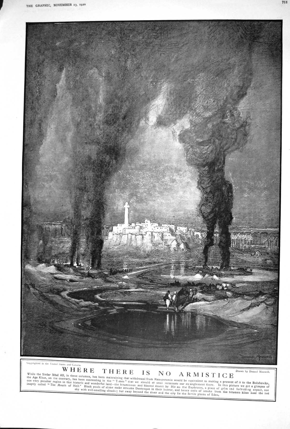 Antique Old Print 1920 War Sirar Akbal Ali Mesopotamia Fire Desert Euphrates