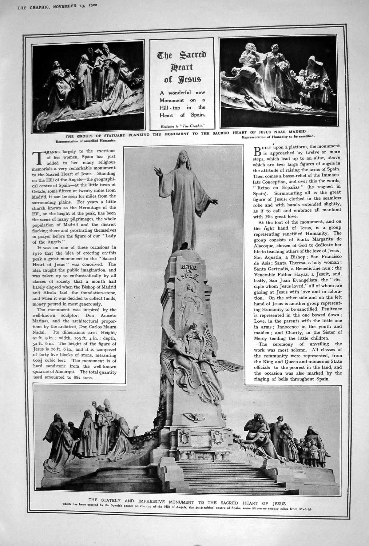 Old 1920 Monument Sacred Heart Jesus Hill Angels Spain Armistice Folk 20th