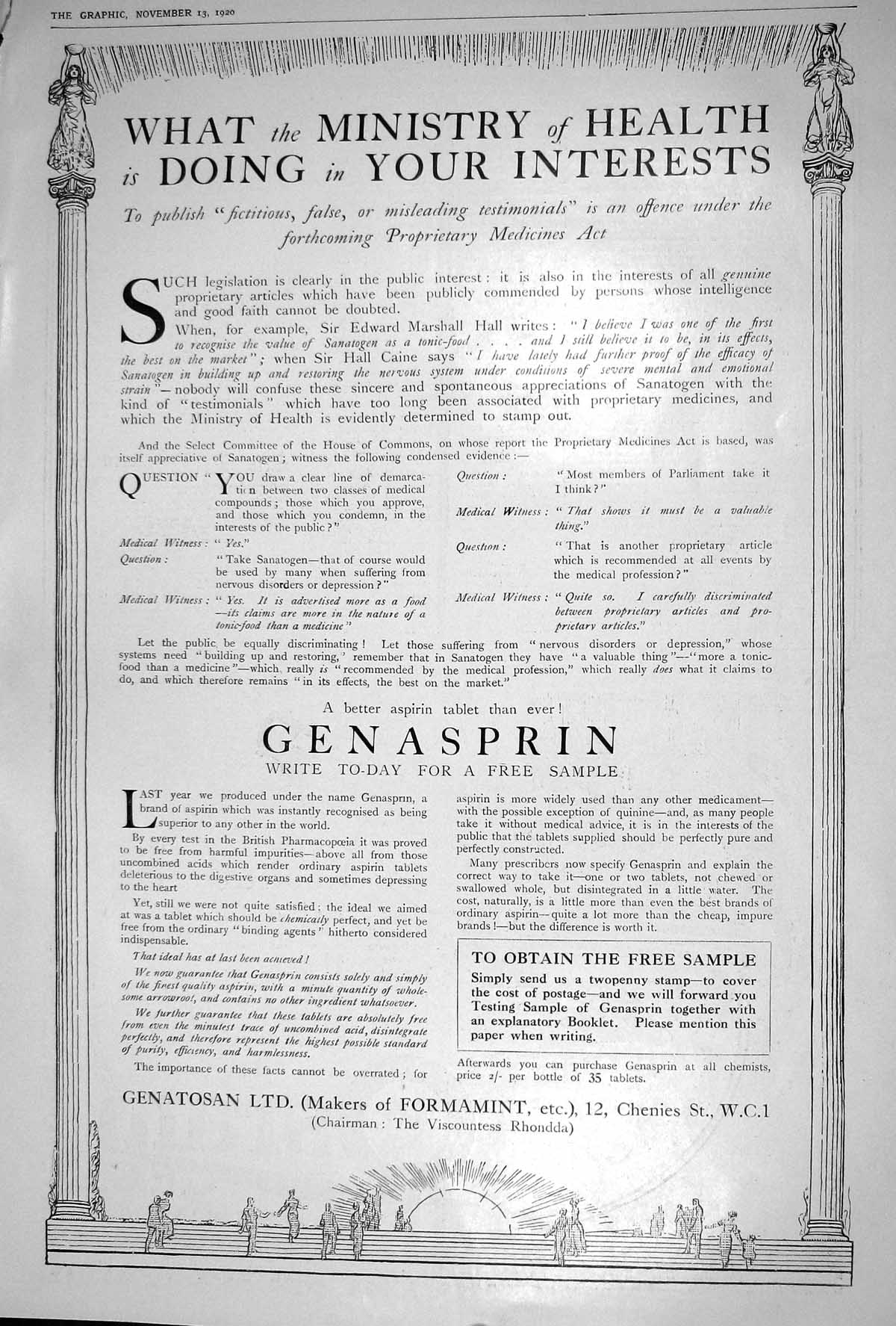Old Vintage Print 1920 Advertisement Genatosan Formamint Chenies Medicine 20th