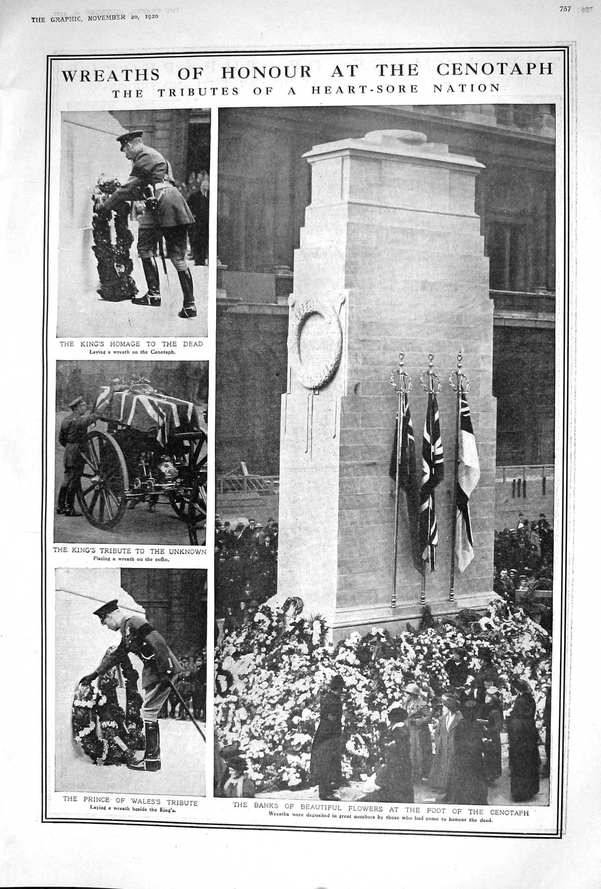Antique Old Print 1920 War Wreaths Cenotaph King England Prince Wales Flowers