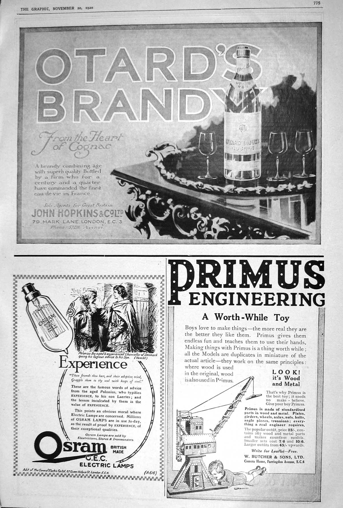 Antique Old Print 1920 Otard'S Brandy Primus Engineering Osram Electric Lamps