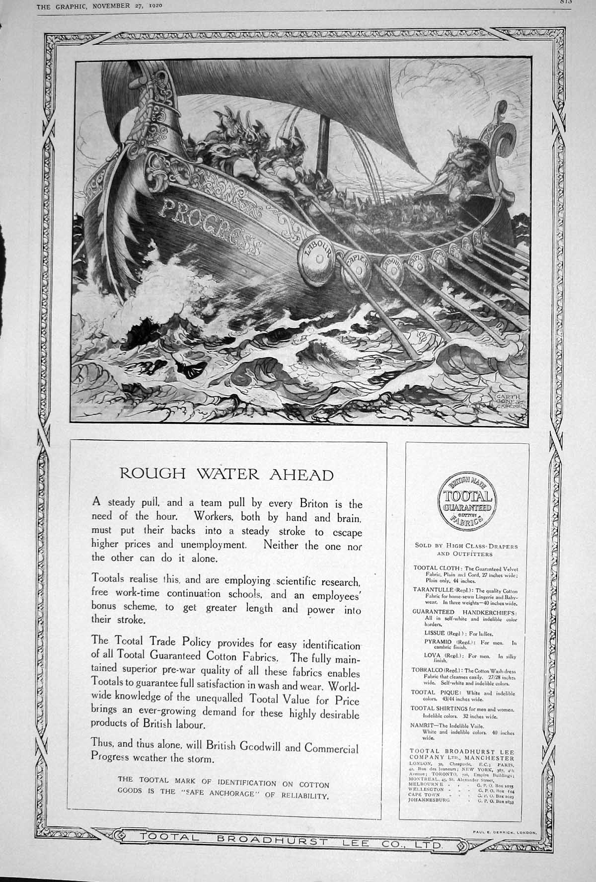 Old Print 1920 Advertisement Tootal Cotton Fabrics Broadhurst Lee Company 20th