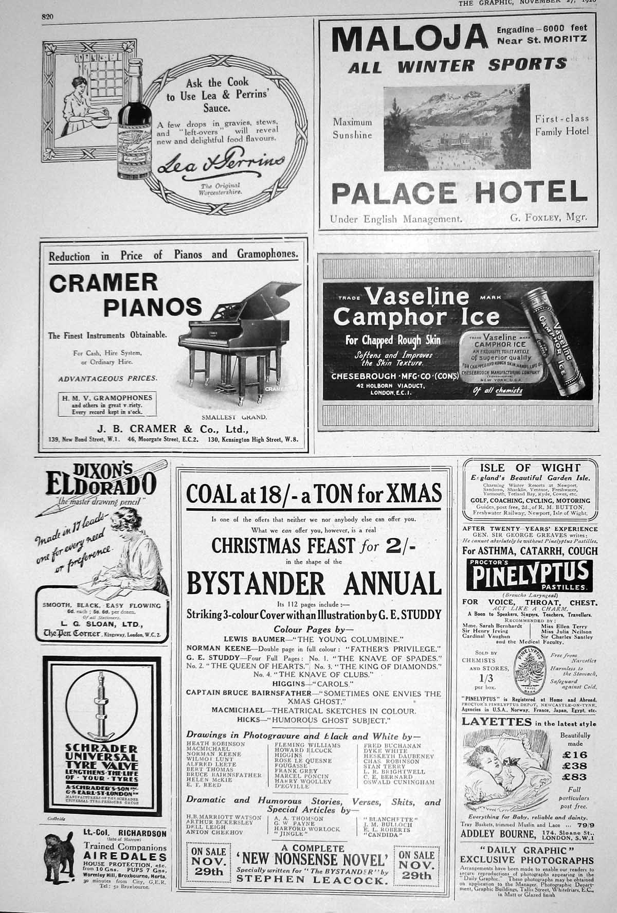 Old 1920 Advertisement Maloja Palace Hotel Cramer Pianos Bystander An 20th