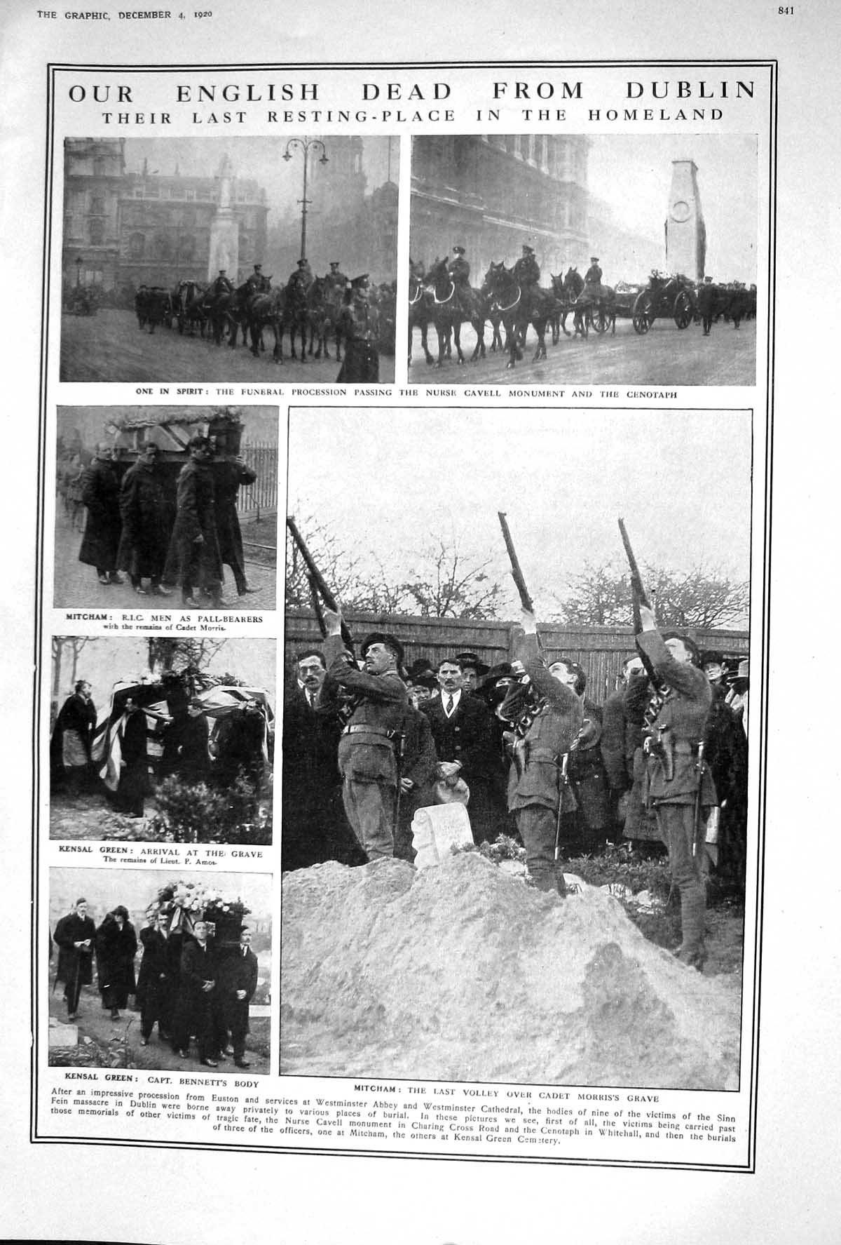 Old Print 1920 English Siers Funeral Procession Nurse Cavell Mitcham Ken 20th