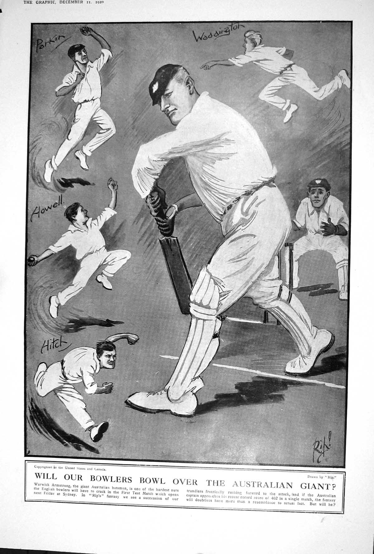 Old 1920 Cricket Bowlers Armstrong Howell Parkin Waddington Bull Brow 20th