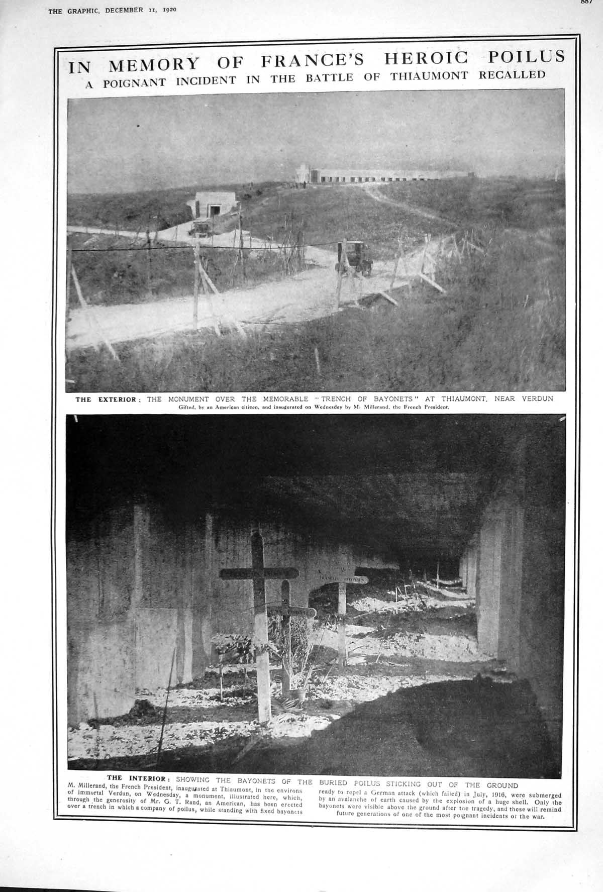 Old Print 1920 Battle Thiaumont France War Poilus Trench Bayonets Verdun 20th