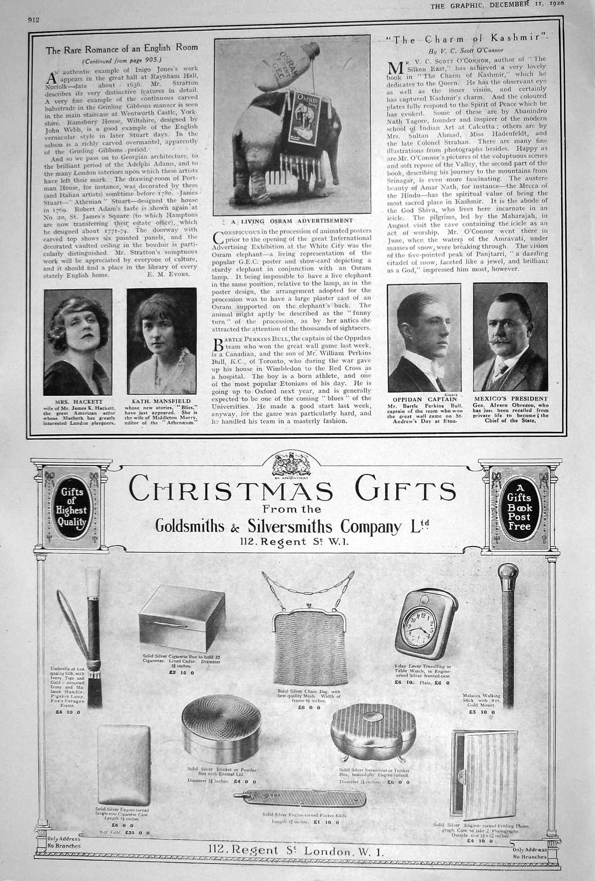 Old 1920 Elephant Osrma Advert Perkins Obregon Hackett Mansfield Dunl 20th