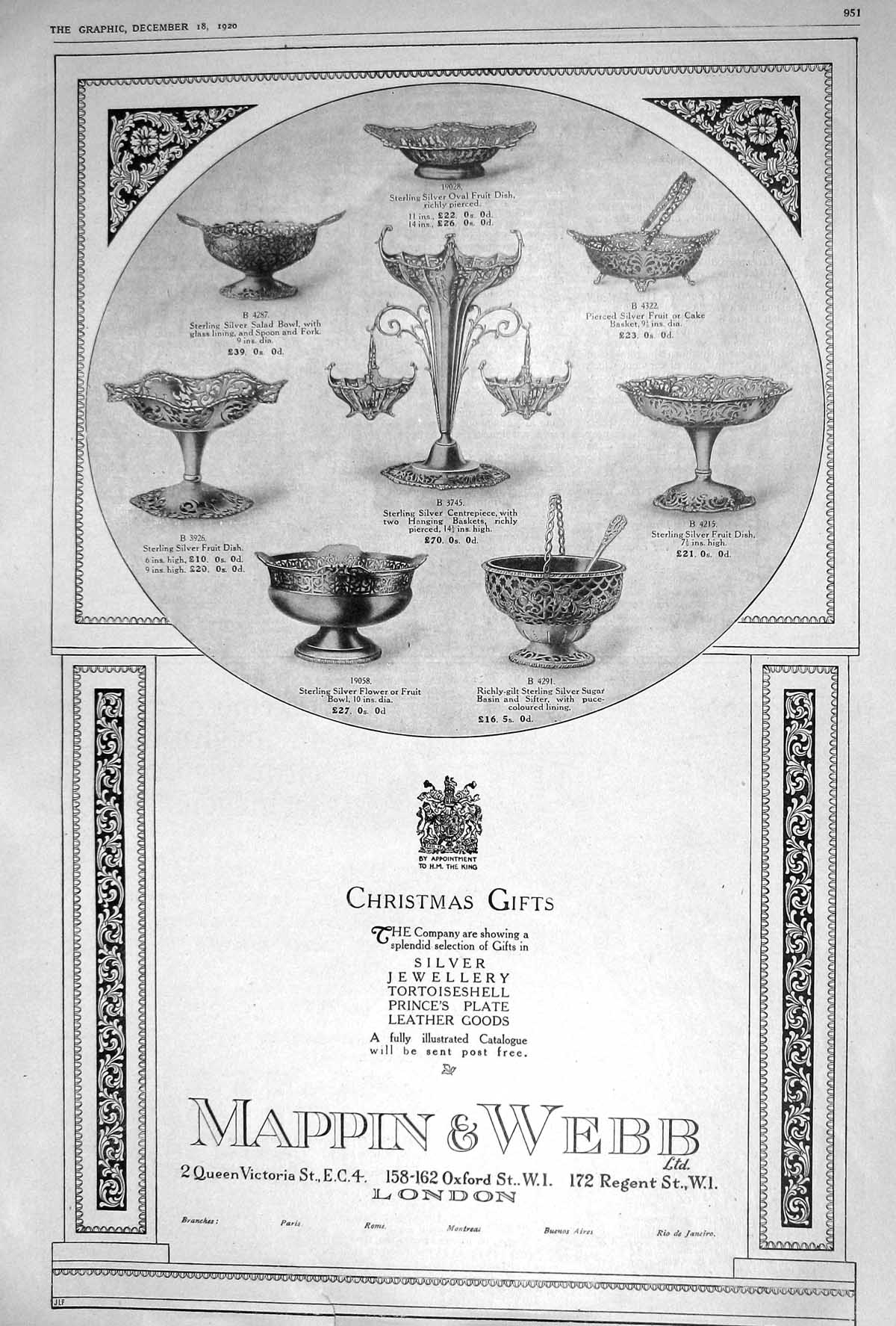 Old 1920 Advertisement Mappin Webb Silver Dish Sugar Basin Salad Bowl 20th