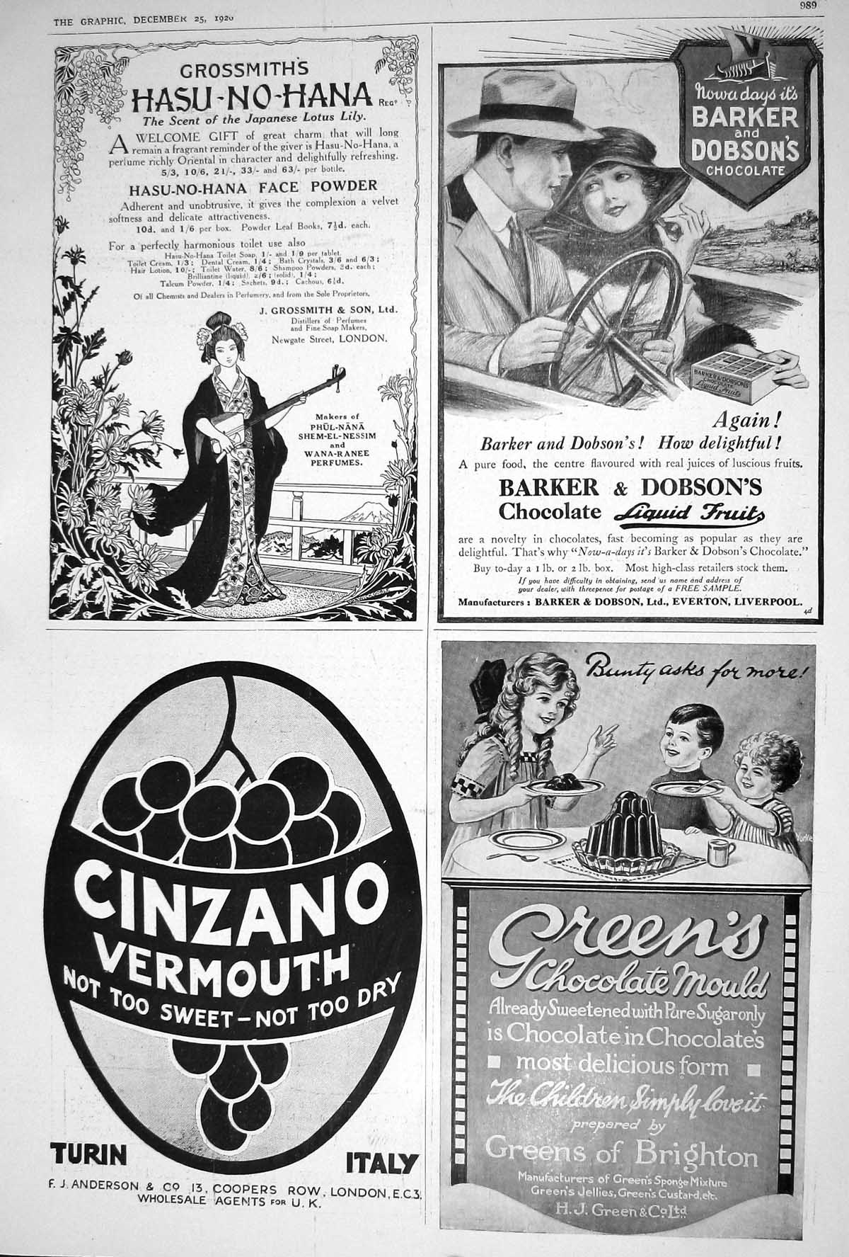 Old 1920 Grossmiths Hasu-No-Hana Barker Dobsons Chocolate Cinzano Ver 20th
