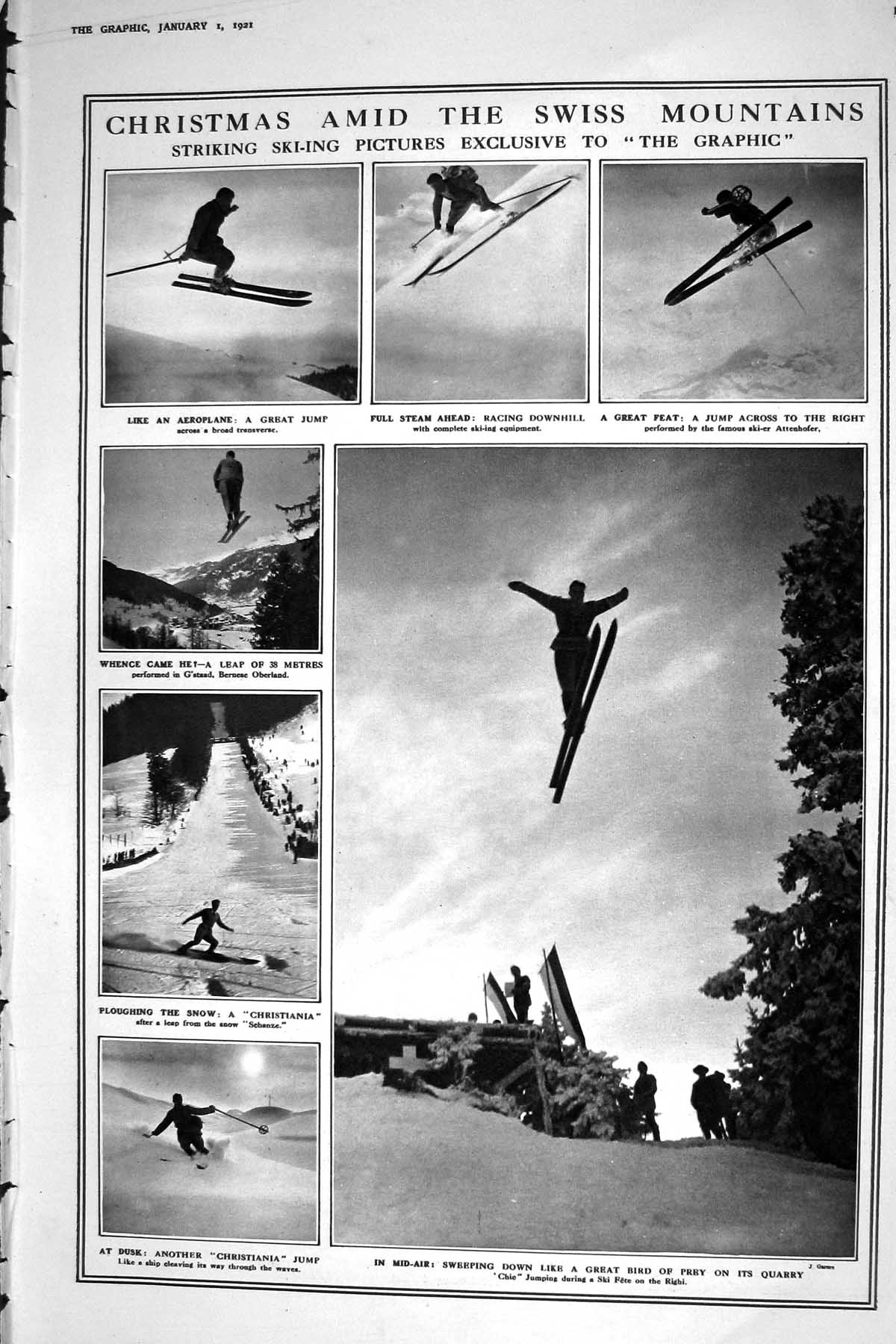 Old 1921 Ski-Ing Mountains Switzerland Oberland Christian Bell Monser 20th