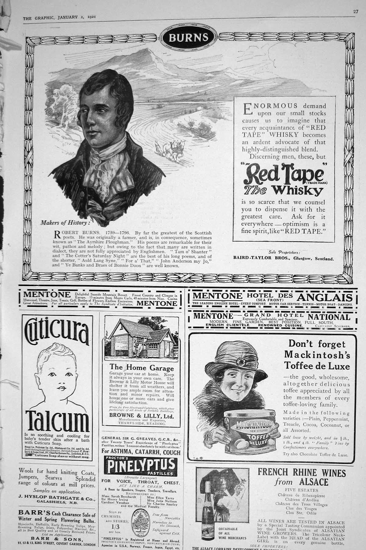 Antique Old Print 1921 Red Tape Scotch Whisky Mackintosh Toffee French Wine