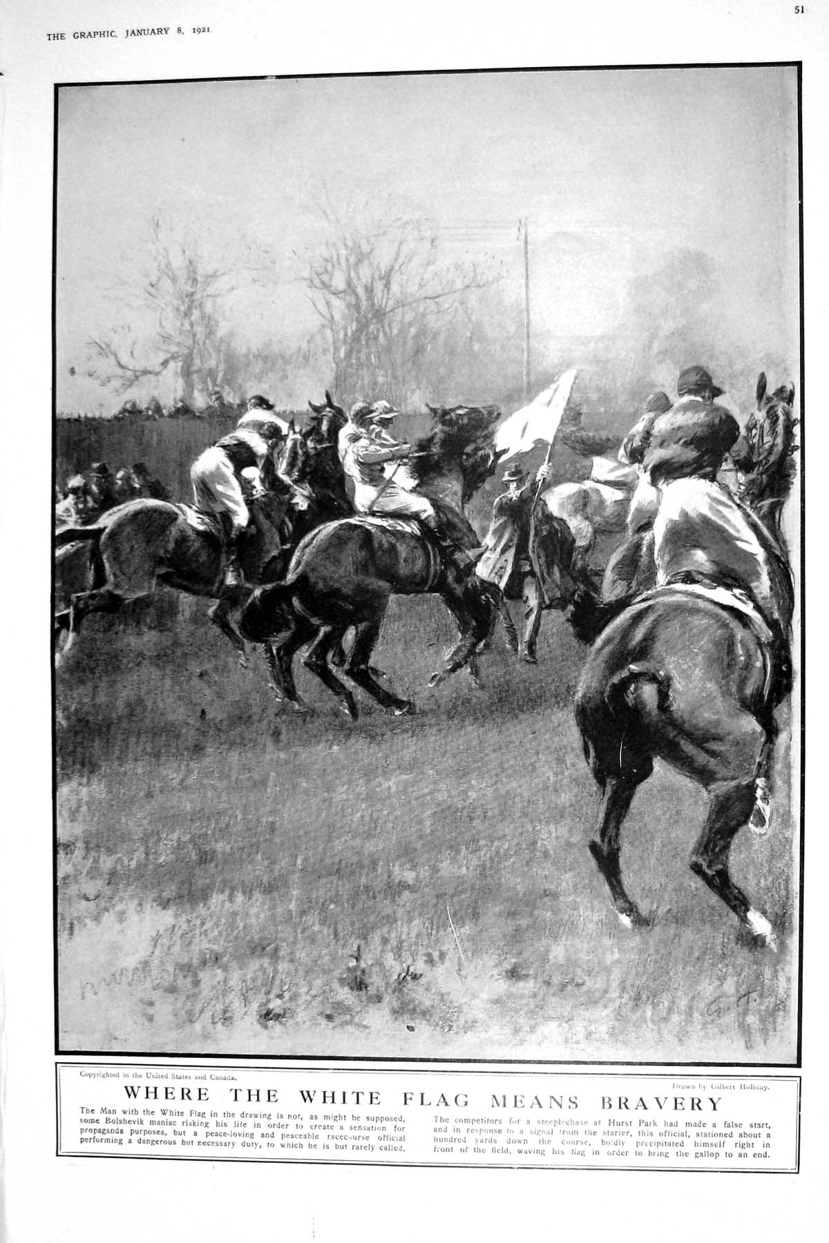 Old 1921 White Flag Horses Steeplechase Hurst Park Jacobean Oak Furni 20th