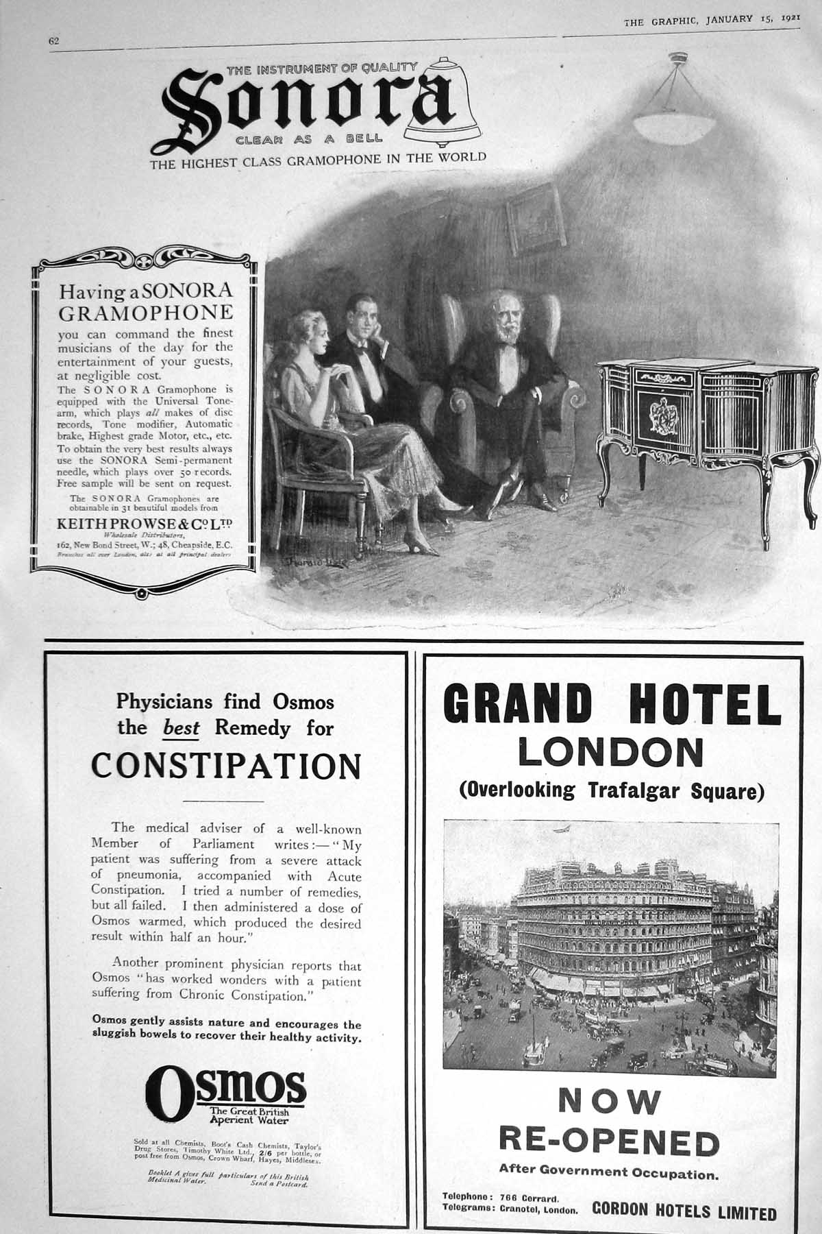 Old 1921 Advertisement Sonora Gramaphone Hotel London Osmos Constipat 20th