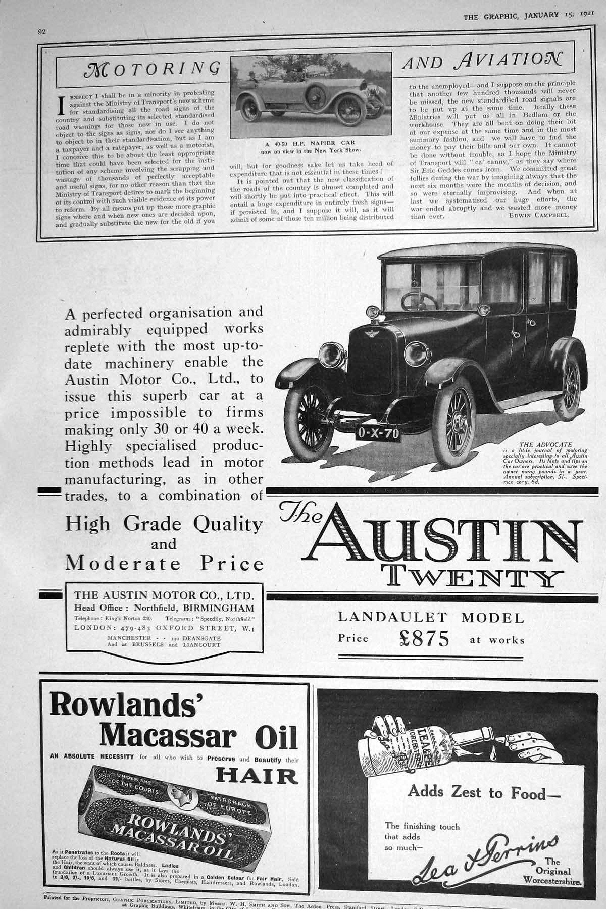 Antique Old Print 1921 Napier Motor Car Austin Landaulet Lea Perrins Rowlands