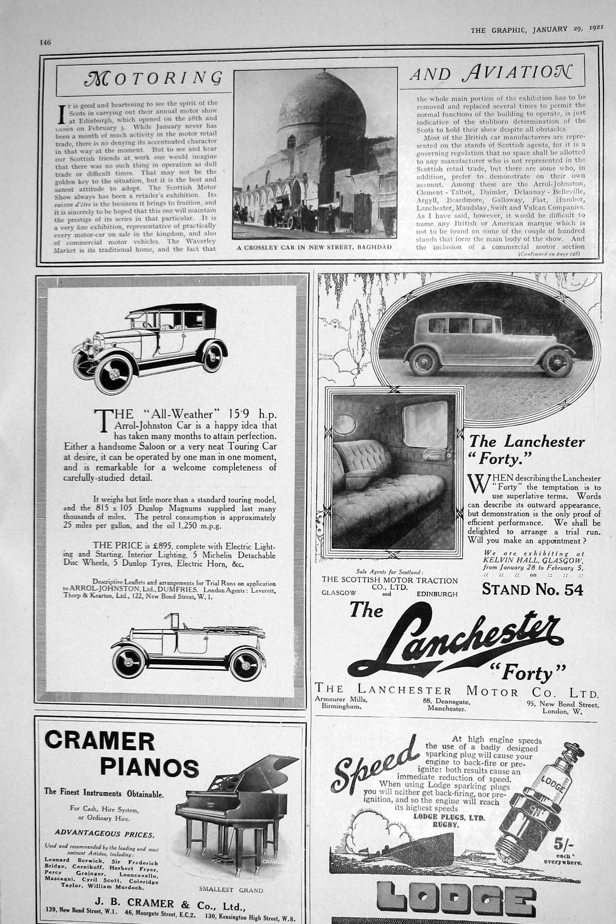 Antique Old Print 1921 Crossley Motor Car Baghdad Lanchester Arrol-Johnson 20th