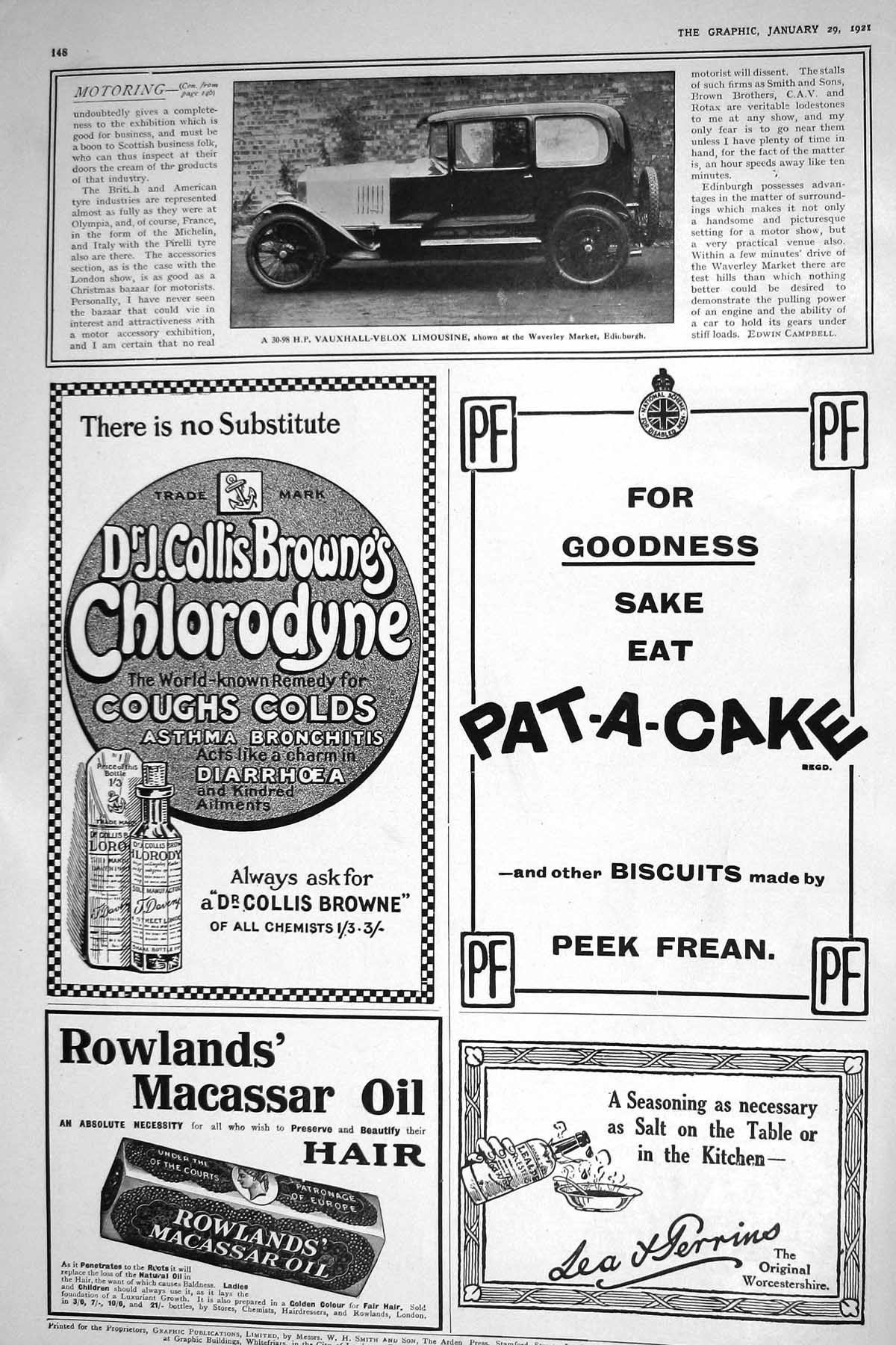 Old 1921 Vauxhall-Velox Limousine Motor Car Waverley Peek Fream Colli 20th