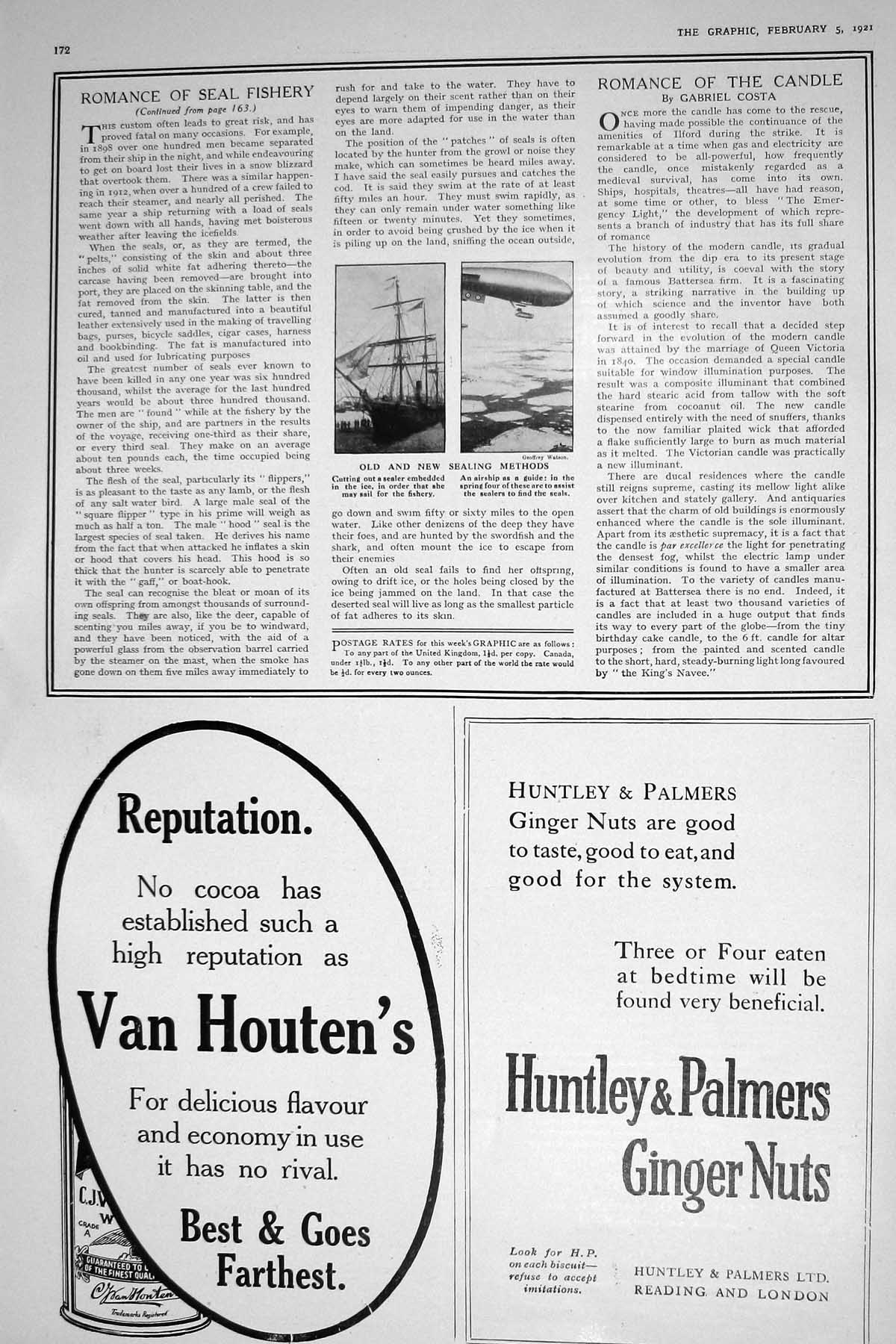 Old Print 1921 Seal Fishing Sealer Ship Airship Van Houten Huntley Palmer 20th