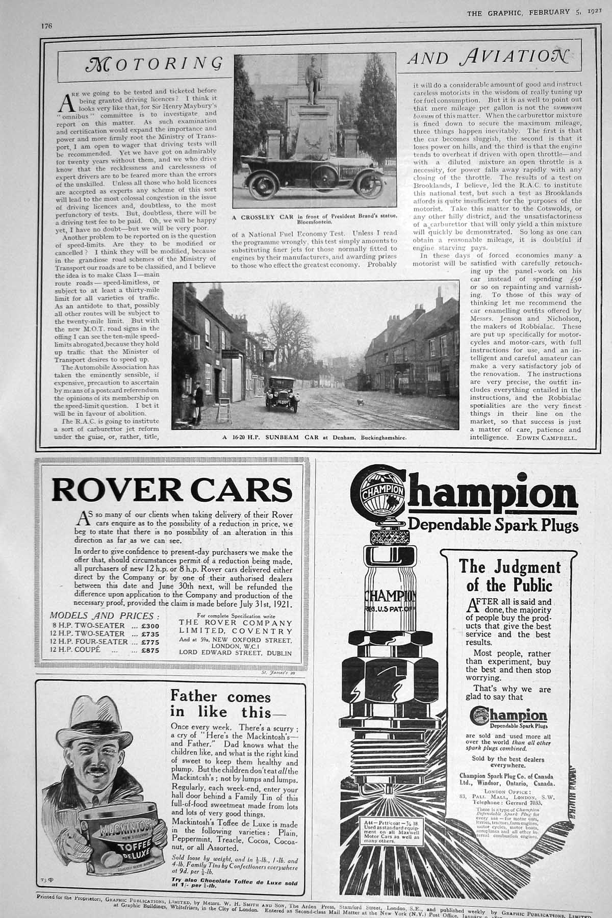 Antique Old Print 1921 Crossley Motor Car Sunbeam Rover Champion Spark Plugs