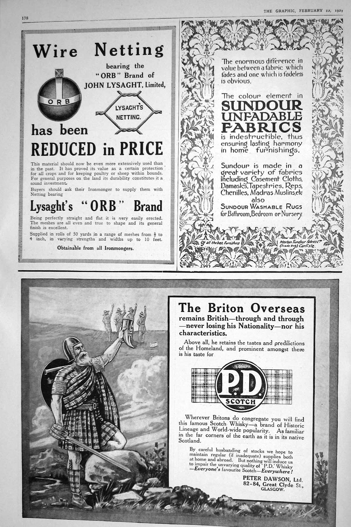 Antique Print 1921 Wire Netting Sundour Fabrics Peter Dawson Scotch Whisky 20th