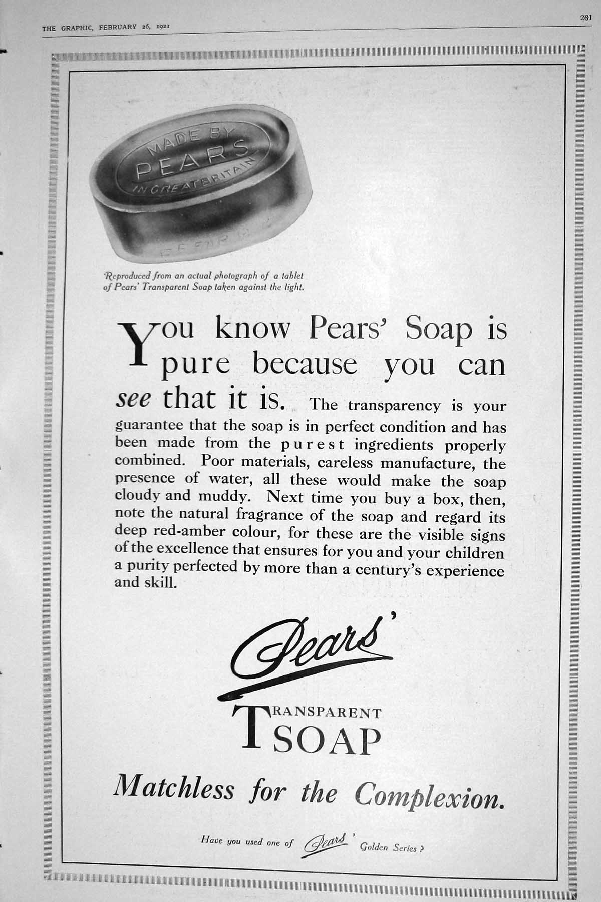 Original Old Vintage Print 1921 Advertisement Pear'S Transparent Soap 20th