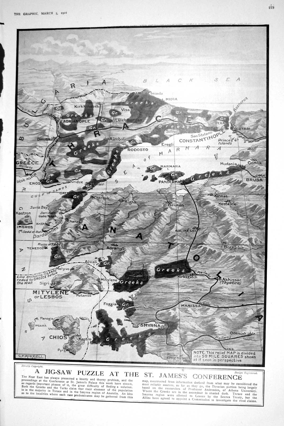 Old 1921 Map Bulgaria Anatolia Sea Marmara England Germany War Sthame 20th