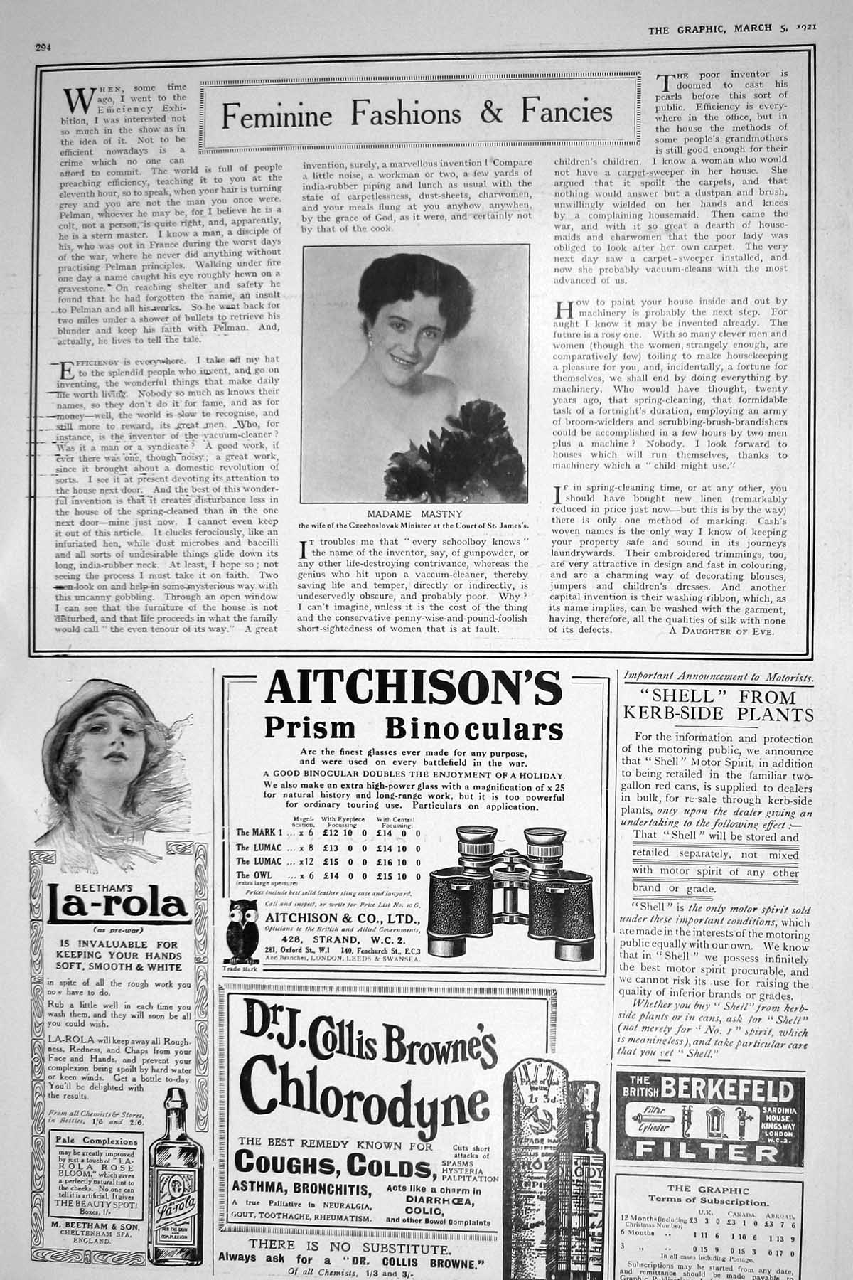Old 1921 Madame Mastny Advertisement Binoculars Beethams Collis Brown 20th
