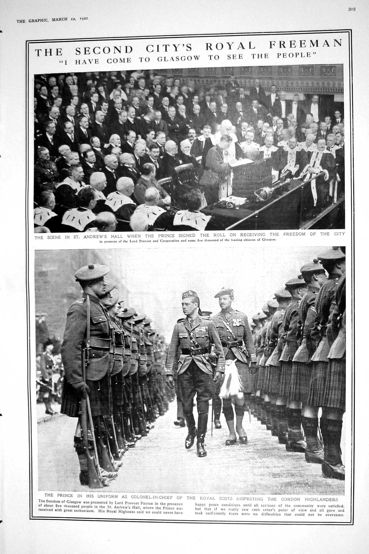 Old 1921 Glasgow St. Andrew'S Hall Freedom City Prince Wales Gordon H 20th