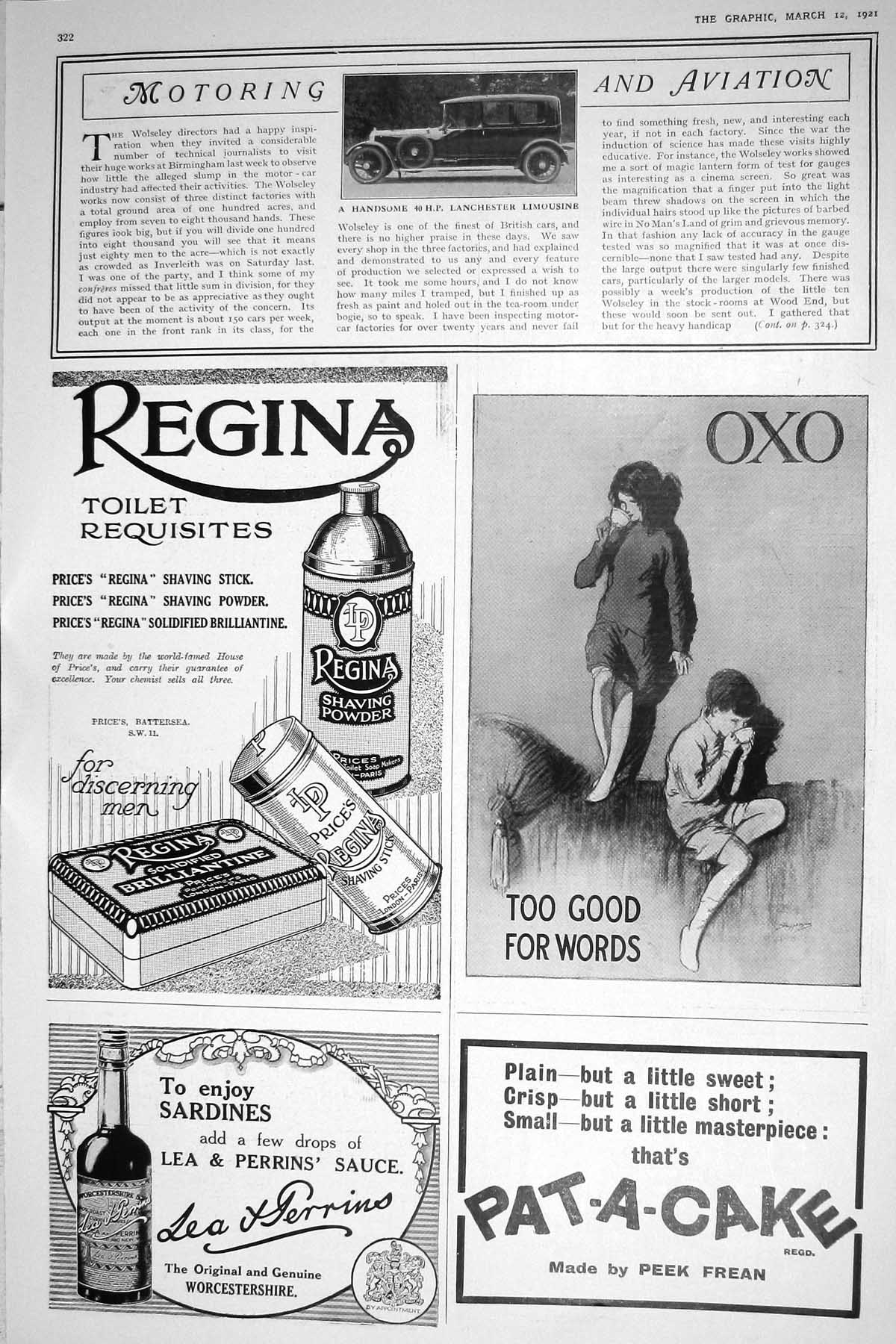 Old 1921 Lanchester Limousine Motor Car Regina Shaving Powder Oxo Pee 20th
