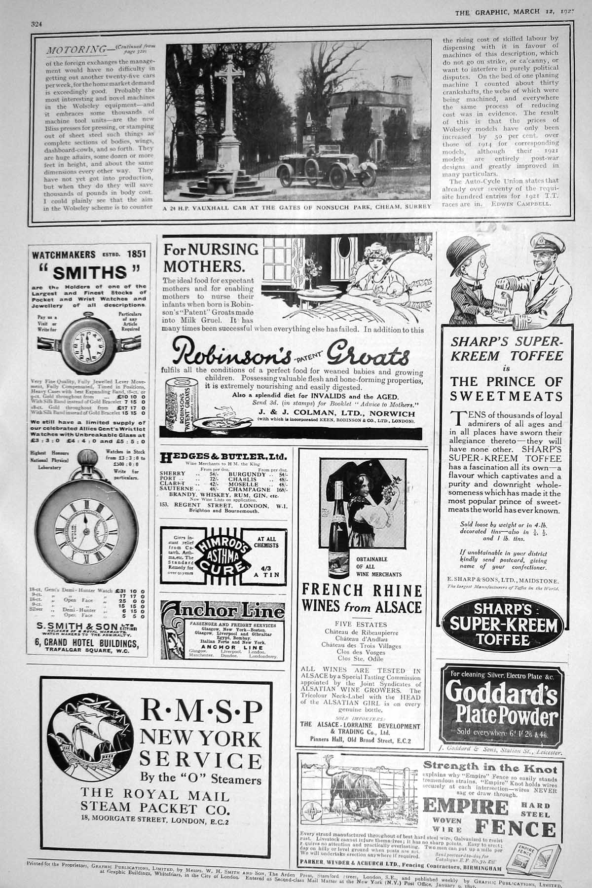 Antique Old Print 1921 Vauxhall Motor Car Nonsuch Park Cheam Surrey Robinson