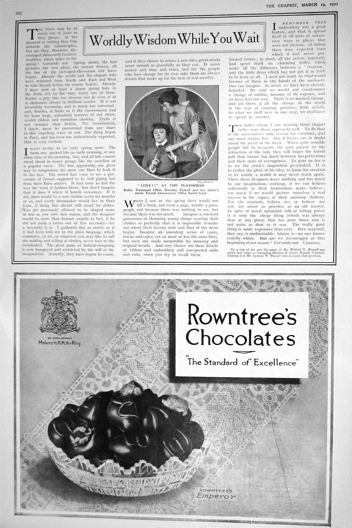 Old Print 1921 Playhouse Theatre Dorothy Tetley Lee Rowntrees Chocolates 20th