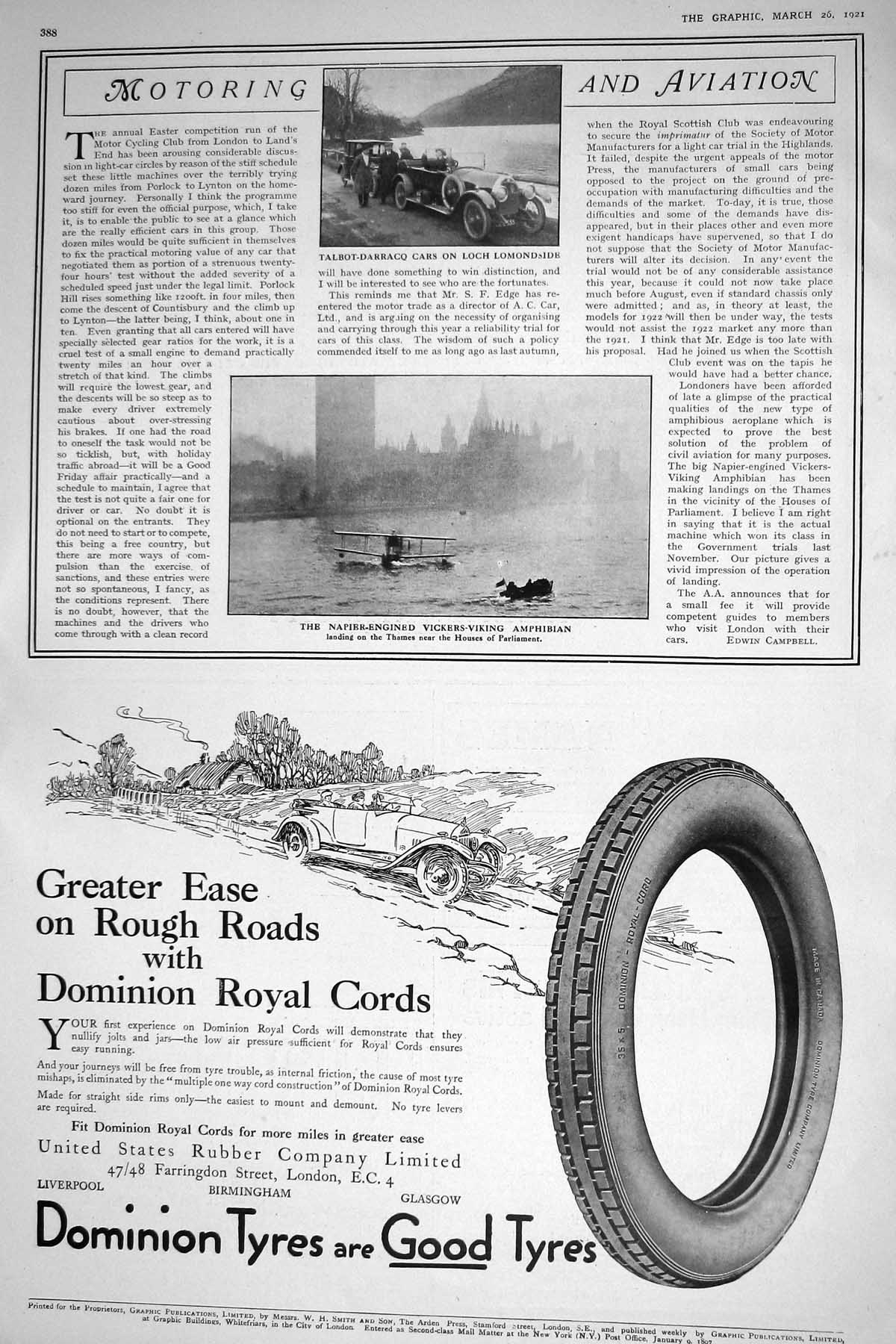 Old 1921 Talbot-Darracq Motor Cars Loch Lomondside Napier-Engined Vic 20th