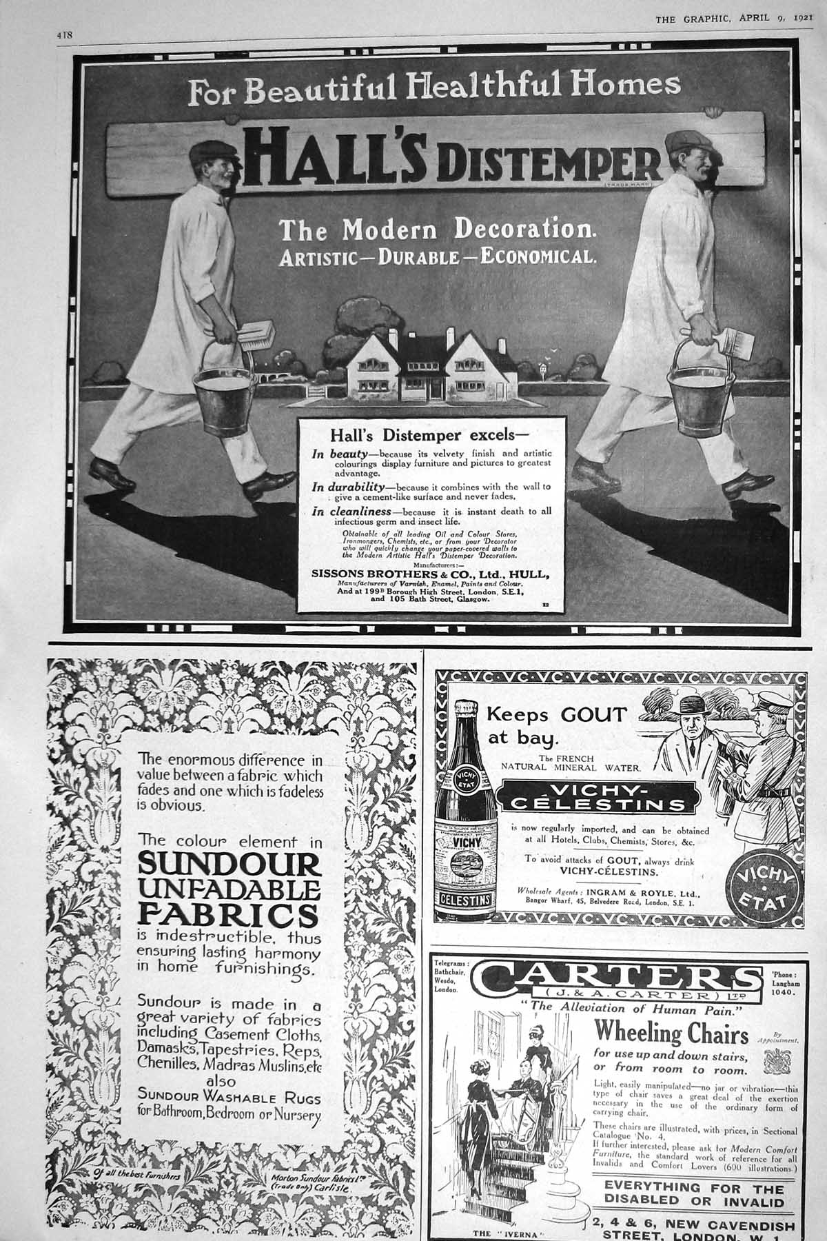Old Print 1921 Hall'S Distemper Sundour Fabrics Vichy Etat Carters Chairs 20th
