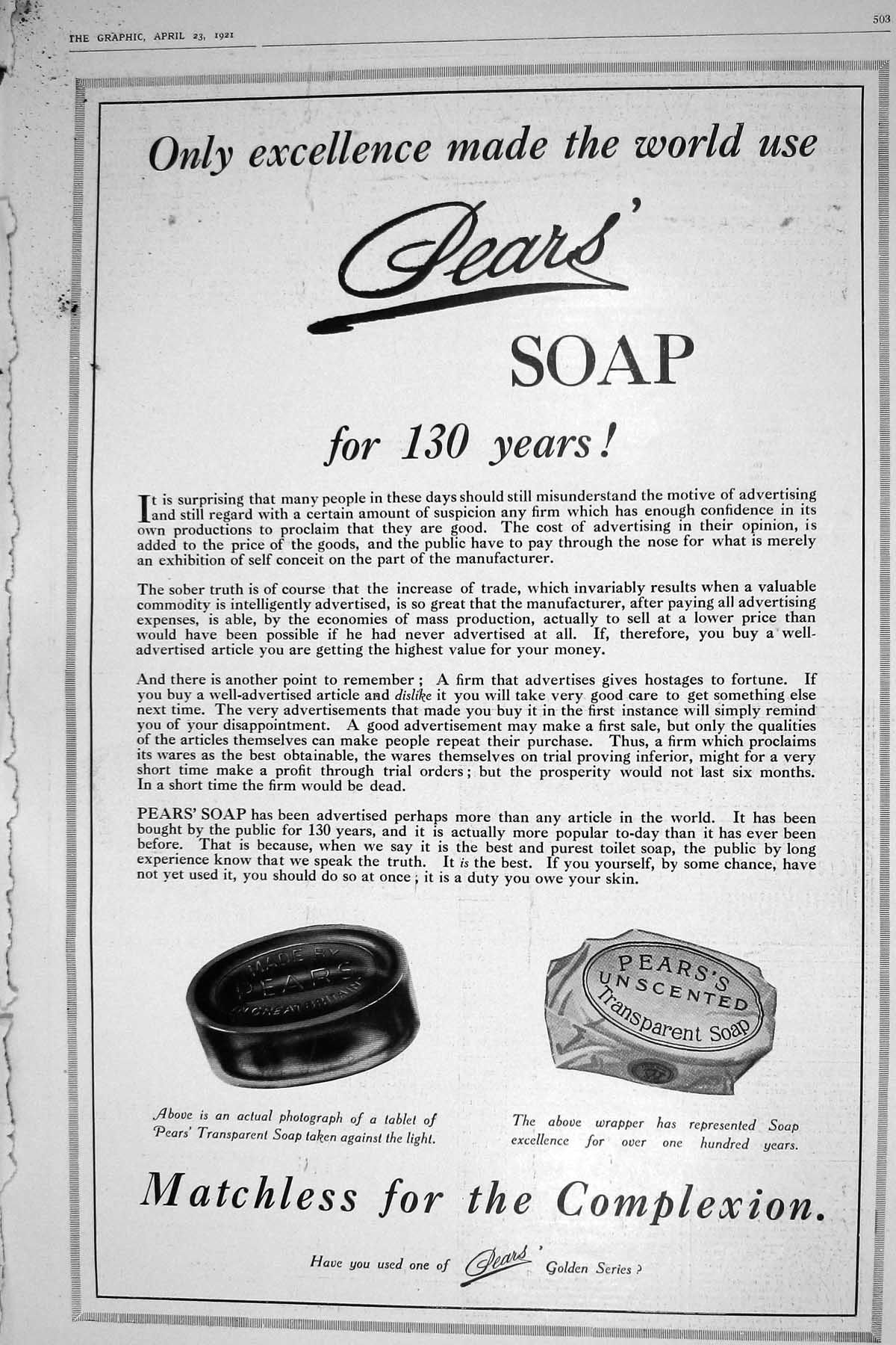 Original Old Vintage Print 1921 Advertisement Pears Unscented Transparent Soap