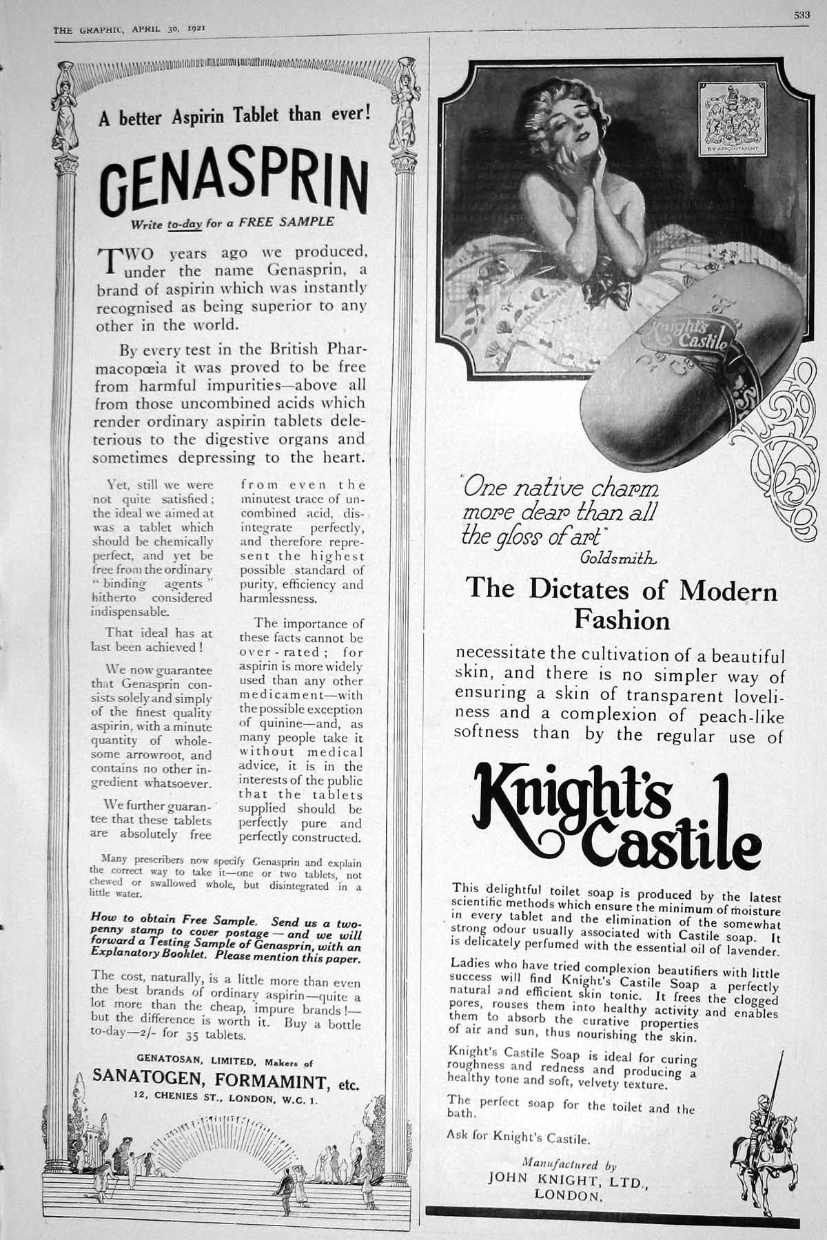 Old Print 1921 Knights Castile John Knight Genasprin Sanatogen Formamint 20th