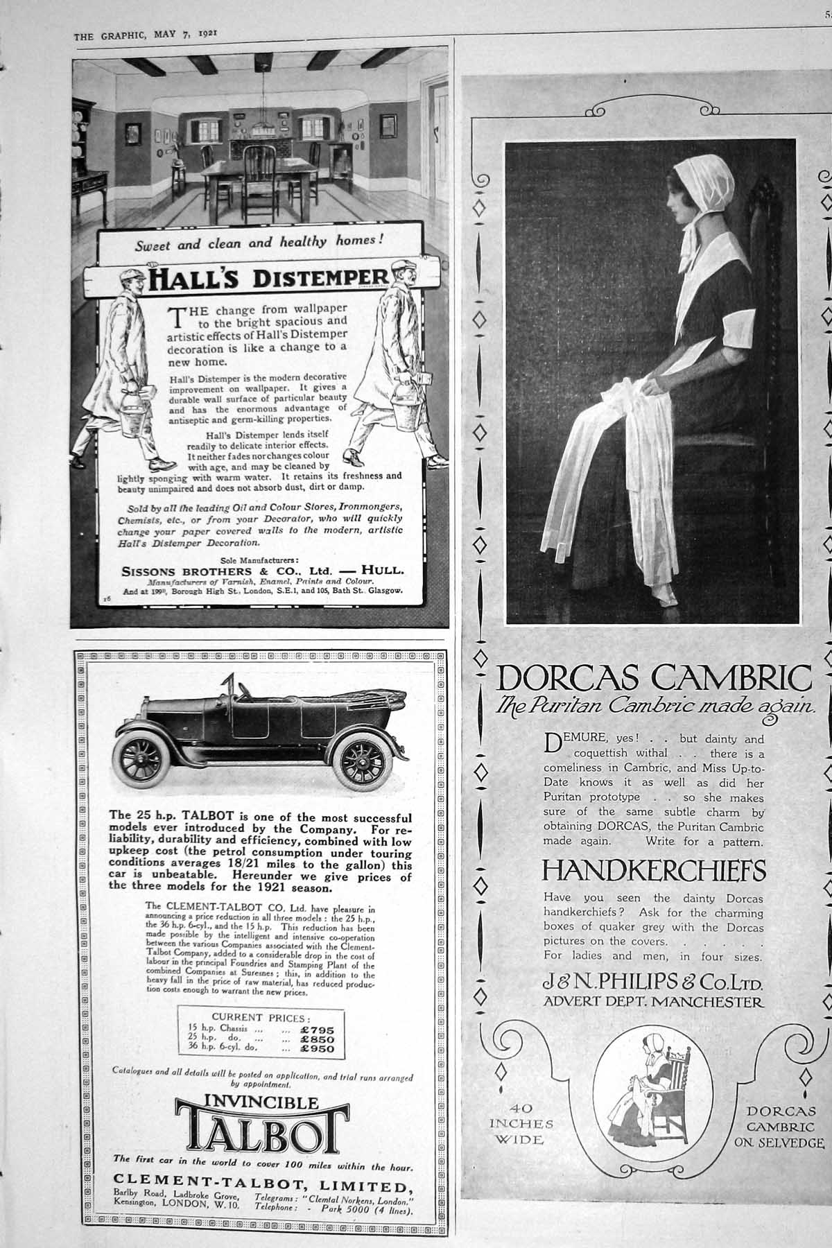 Antique Print 1921 Hall'S Distemper Talbot Motor Car Dorcas Cambric Philips