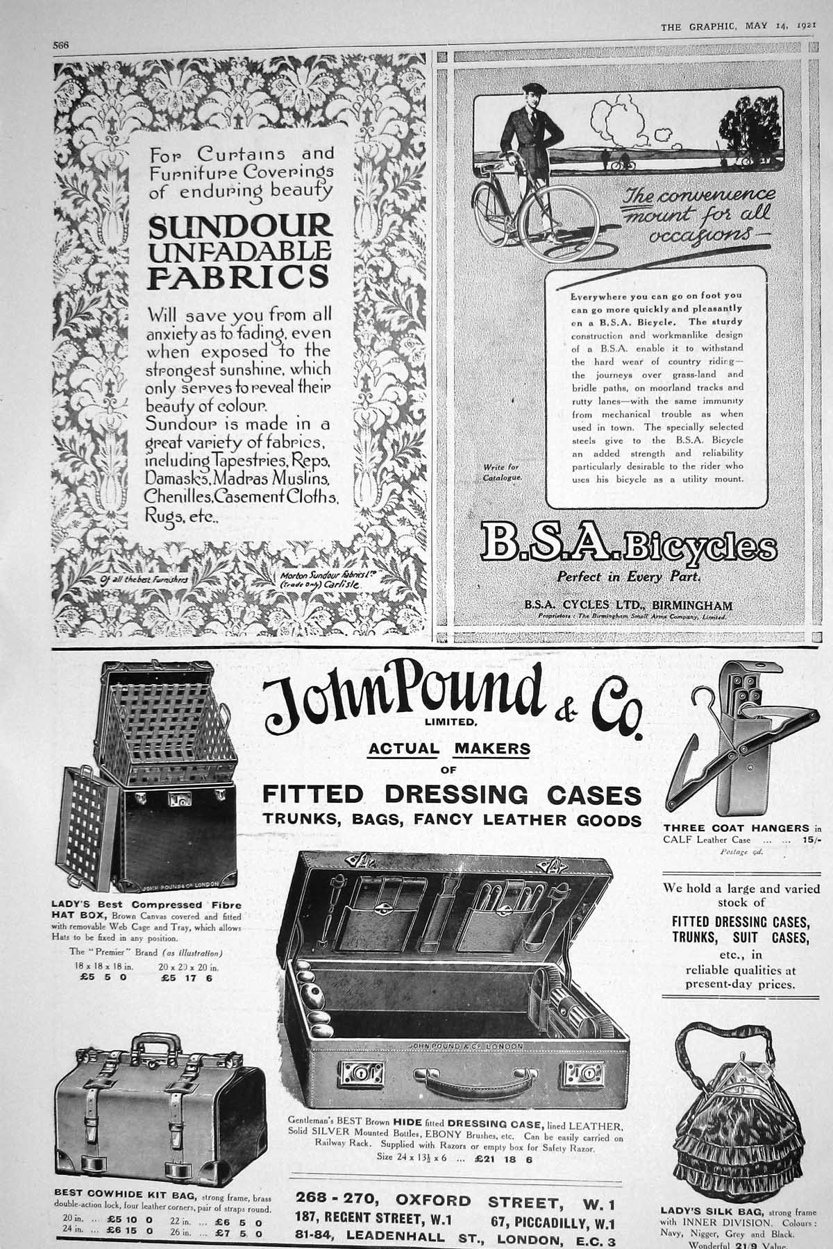 Old Print 1921 B.S.A. Bicycles Sundour Fabrics John Pound Dressing Cases 20th