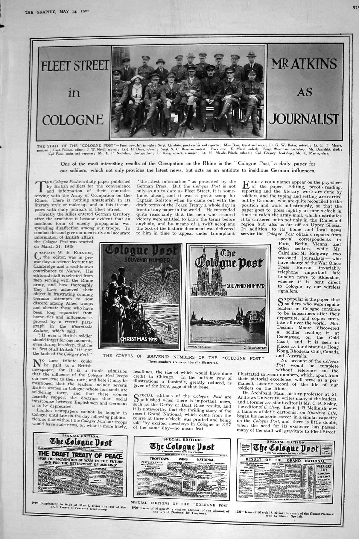 Old Print 1921 War Siers Cologne Post Nicholson Mawie Martin Prince Wale 20th