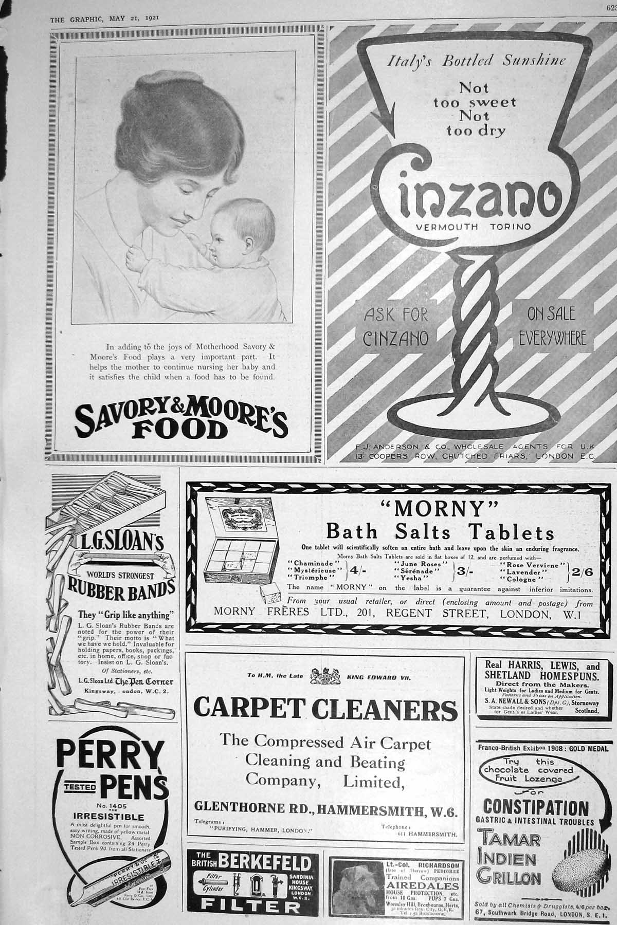 Antique Print 1921 Savory Moore Food Cinzano Perry Morny Bath Salts Grillon