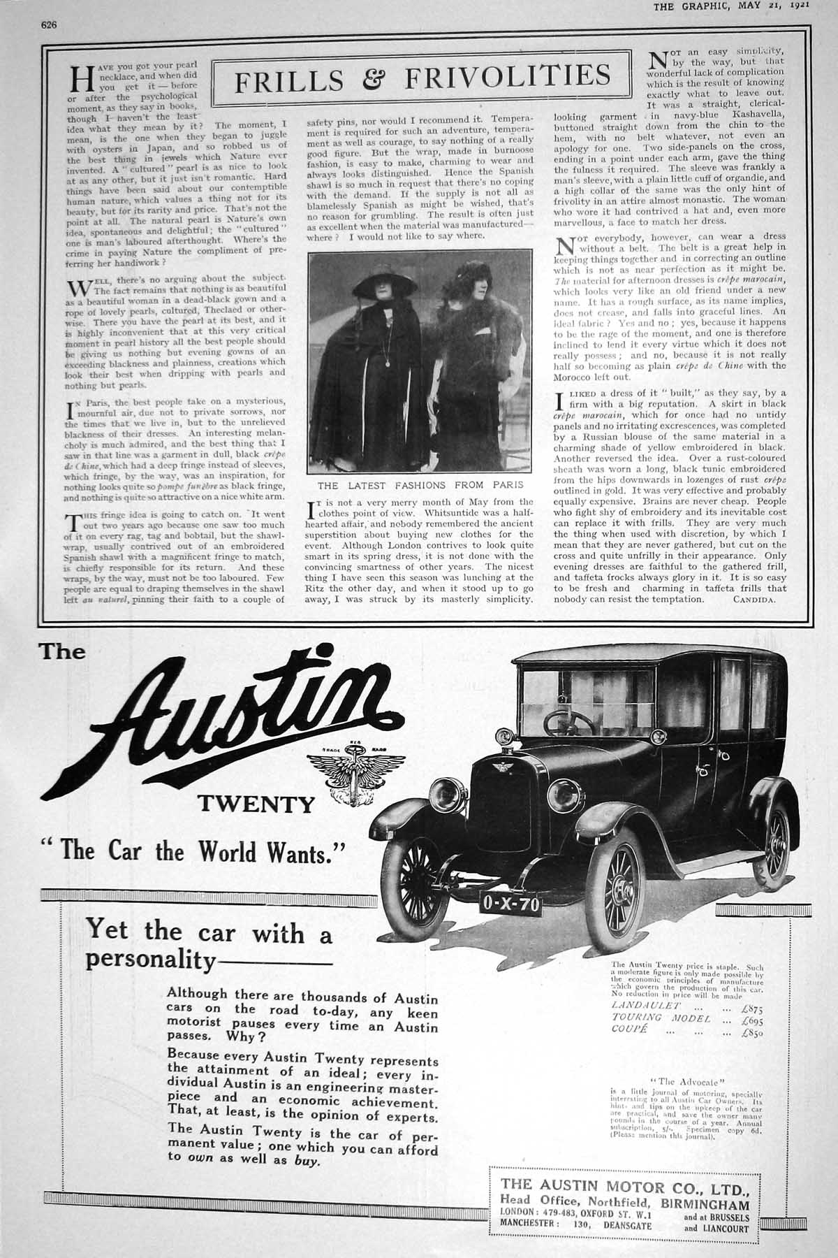 Old Print 1921 Ladies Fashion Paris France Advertisement Austin Motor Car 20th