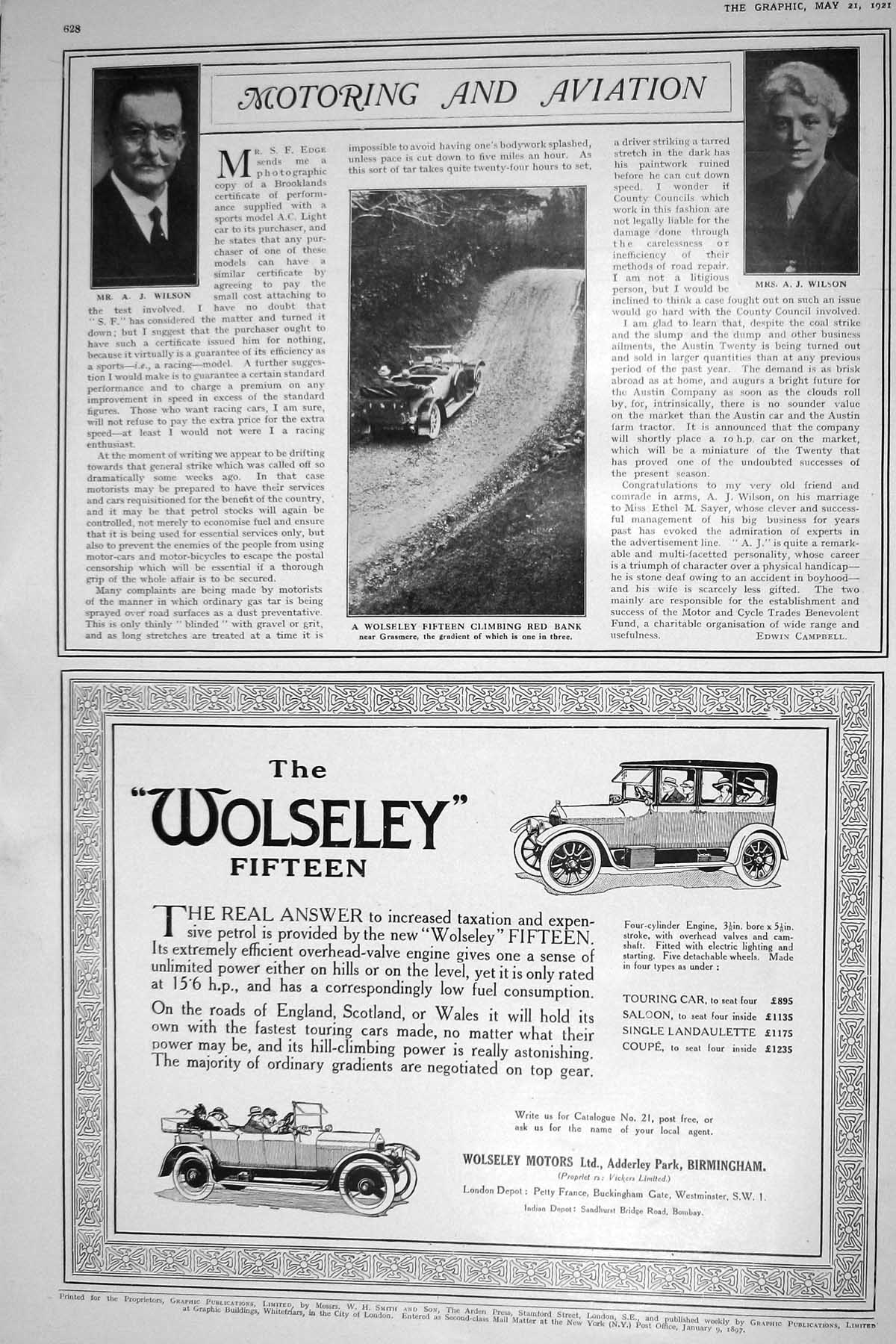 Old 1921 Wilson Wolseley Motor Car Grasmere Napier Advertisement Lond 20th