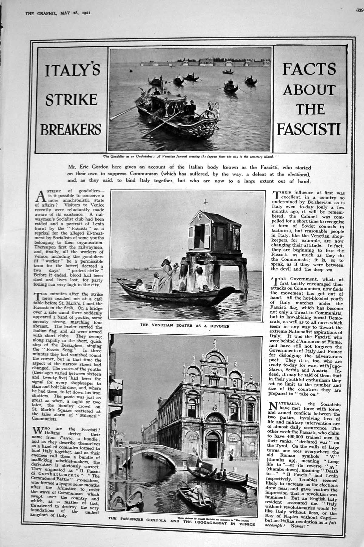 Old 1921 Italy Gondola Luggage-Boat Venice Eric Gordon Otter Dogfish 20th