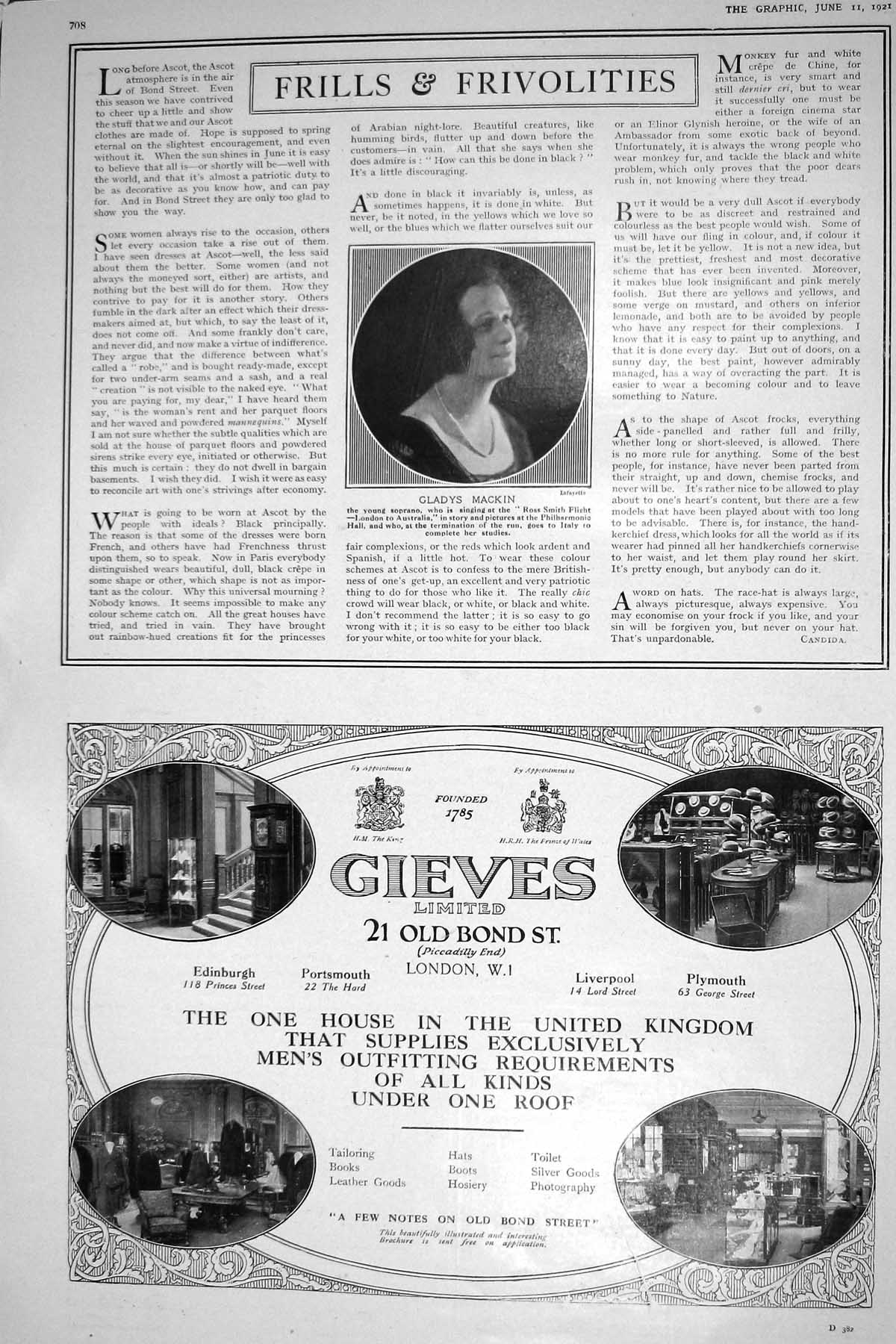 Antique Old Print 1921 Gladys Mackin Soprano Gieves Bond Street Advertisement