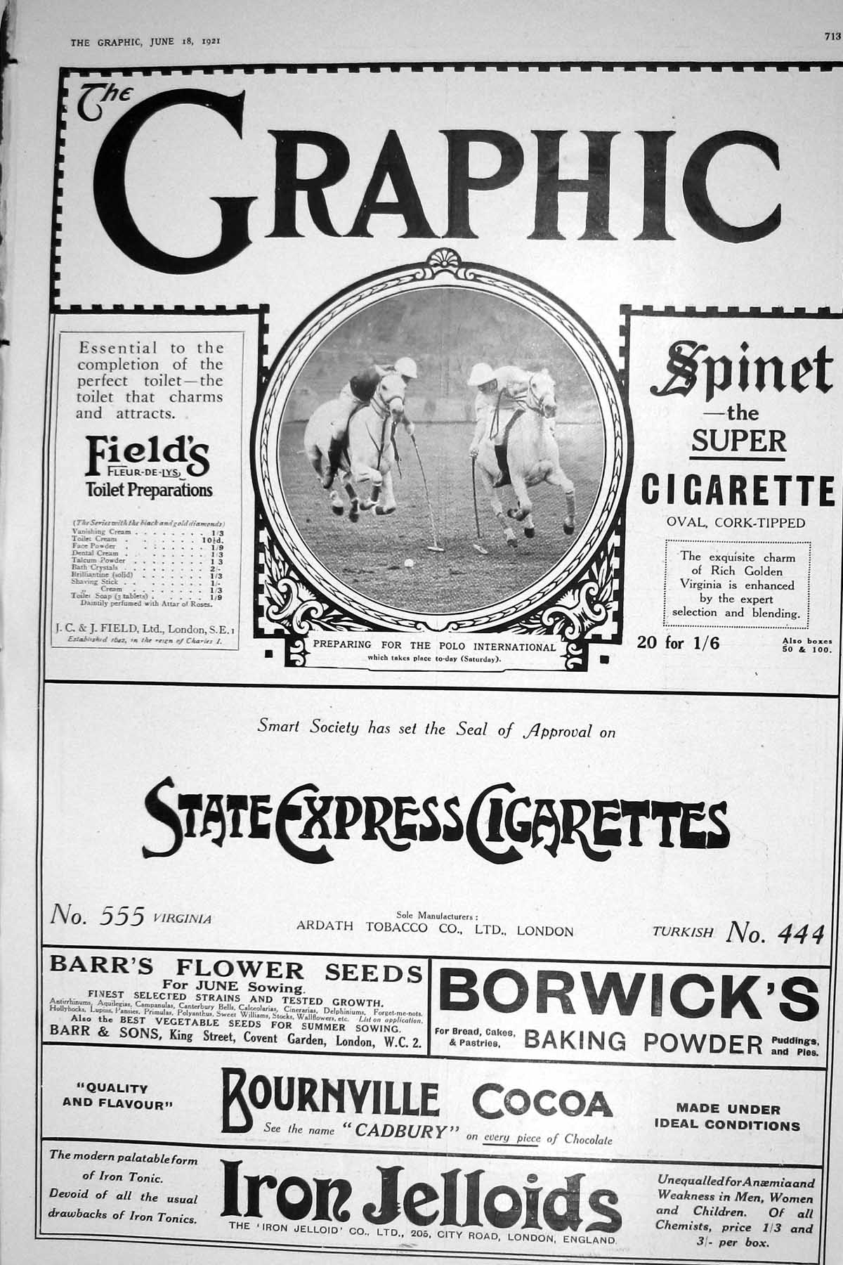 Antique Old Print 1921 Spinet Super Cigarette Bournville Cocoa Iron Jelloids