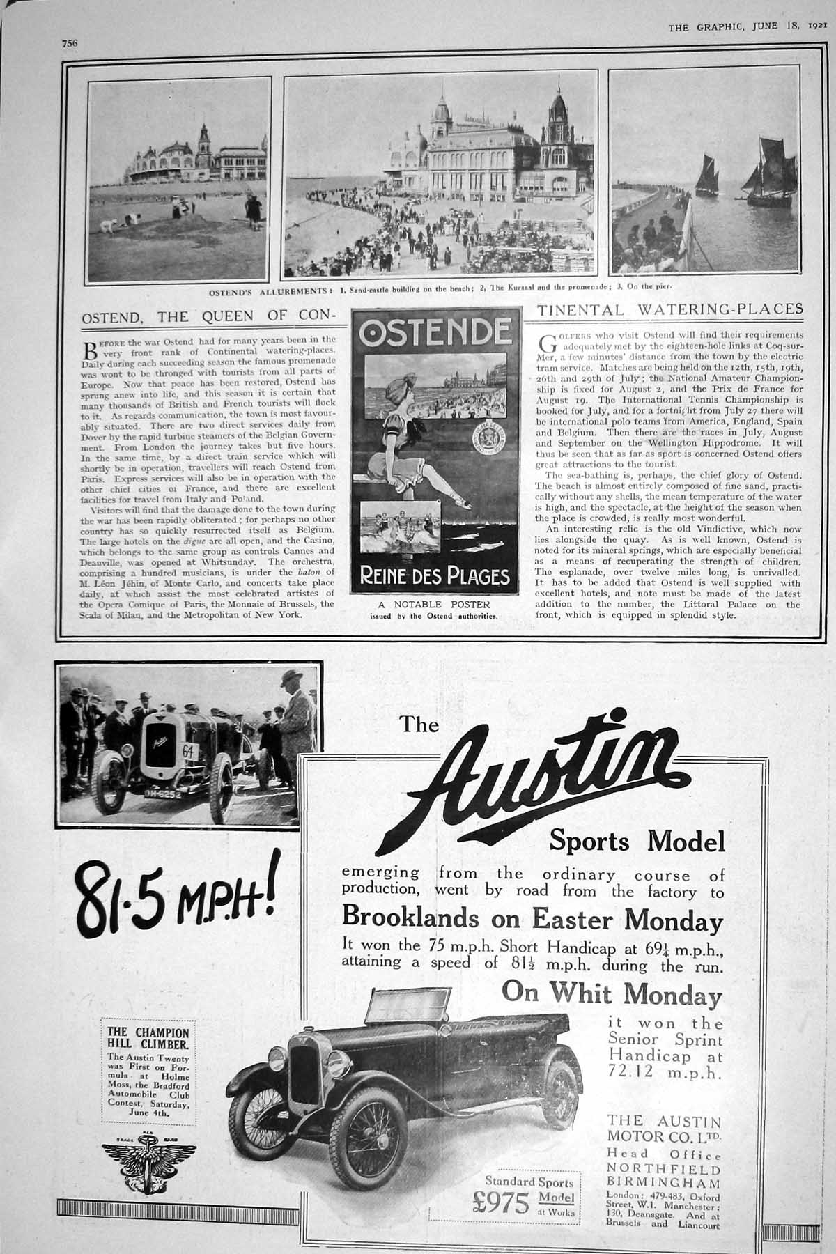 Antique Old Print 1921 Ostend Sand-Castle Beach Kursaal Pier Austin Motor Car