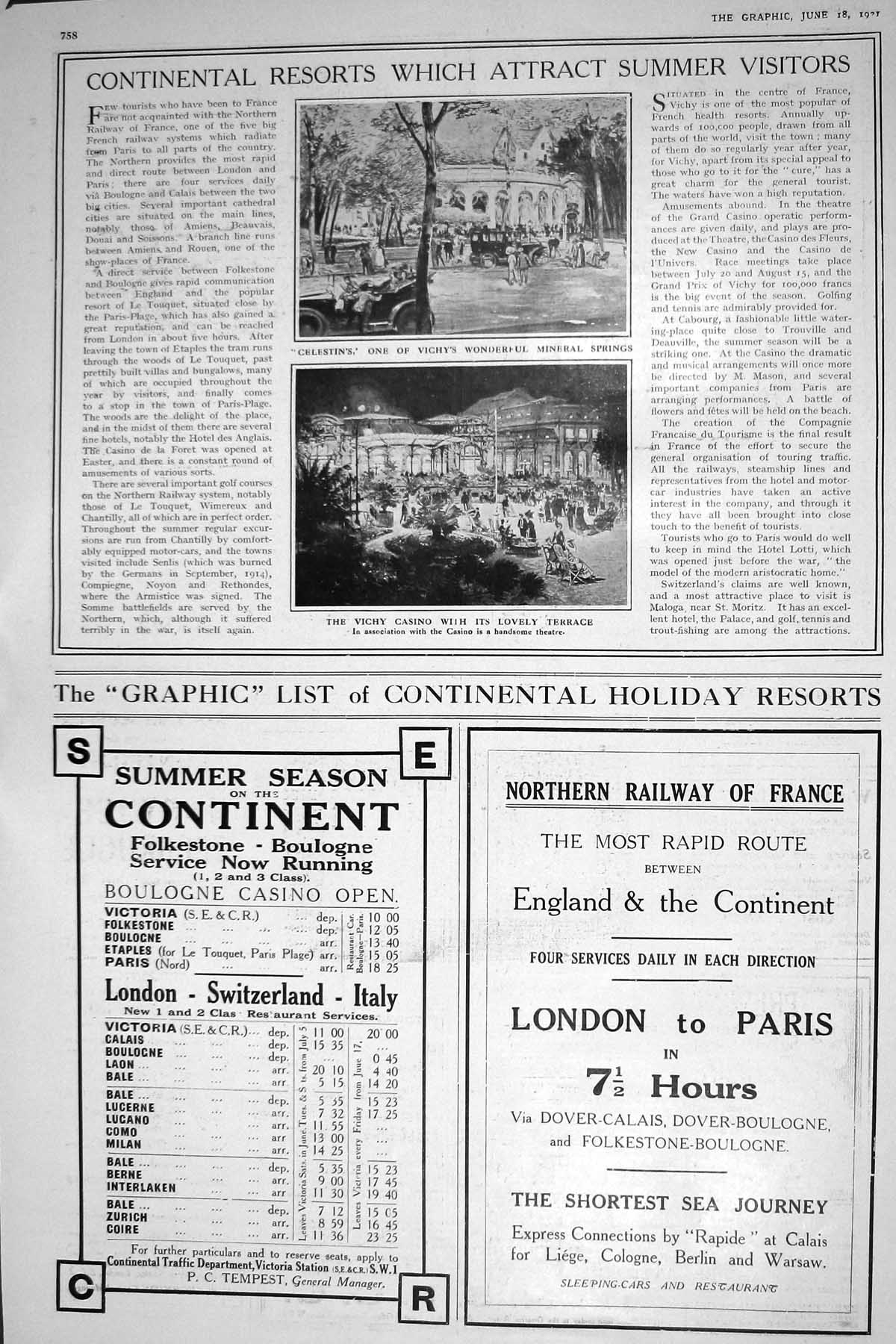 Old 1921 Celestin Vichy Casino Railway France London Italy Timetable 20th