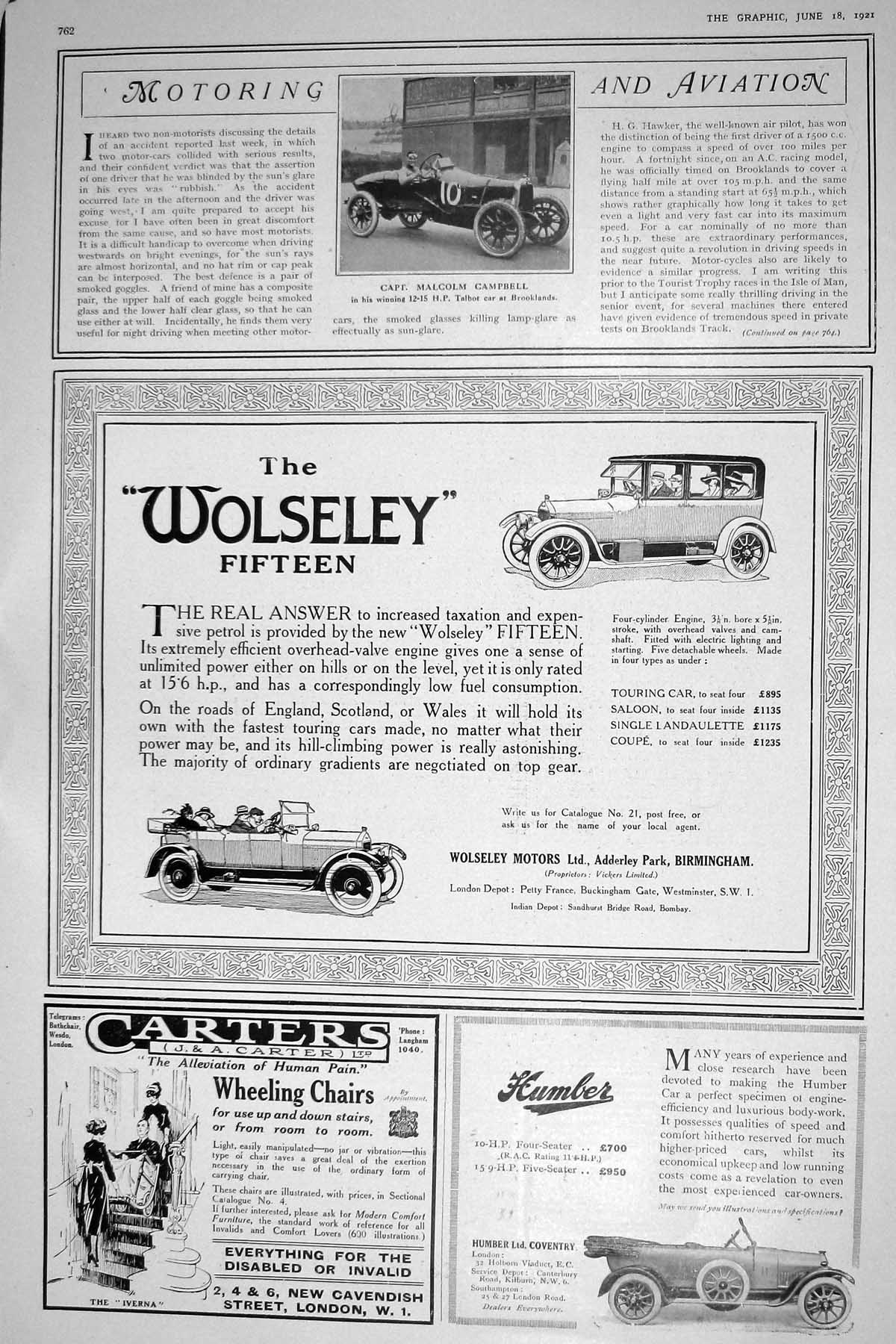 Old Print 1921 Wolseley Motor Car Malcolm Campbell Carters Chairs Humber 20th