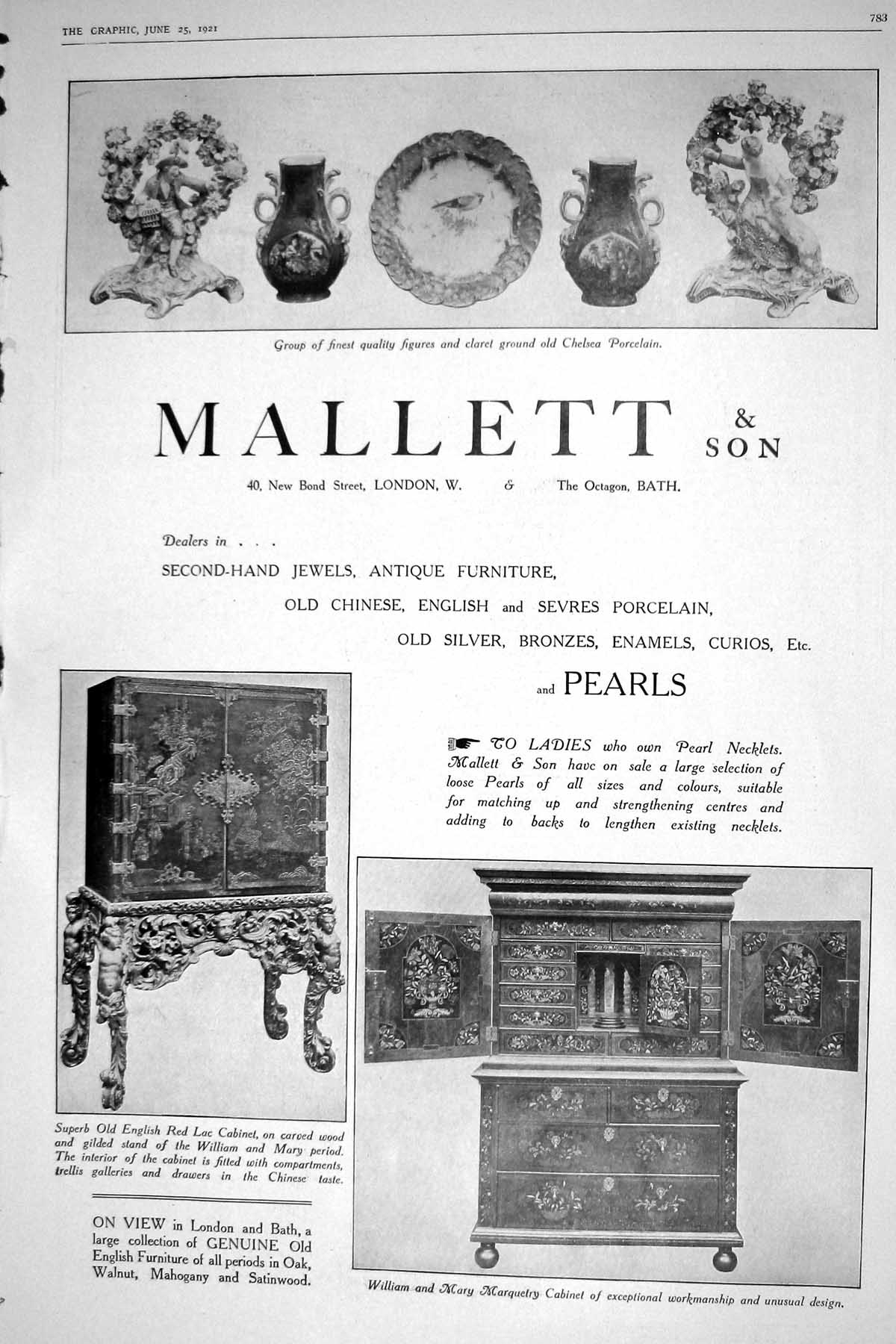 Old 1921 Advertisement Mallett Jewels Furniture Porcelain Walnut Oak 20th