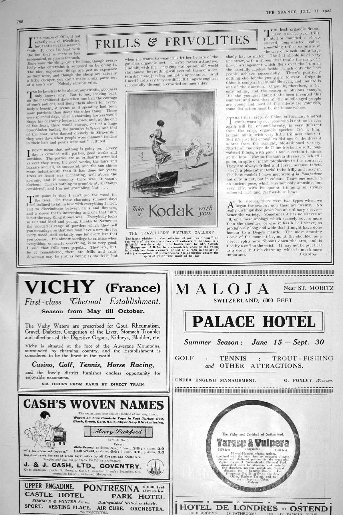 Antique Old Print 1921 Kodak Vichy France Hotel Londres Ostend Maloja Palace